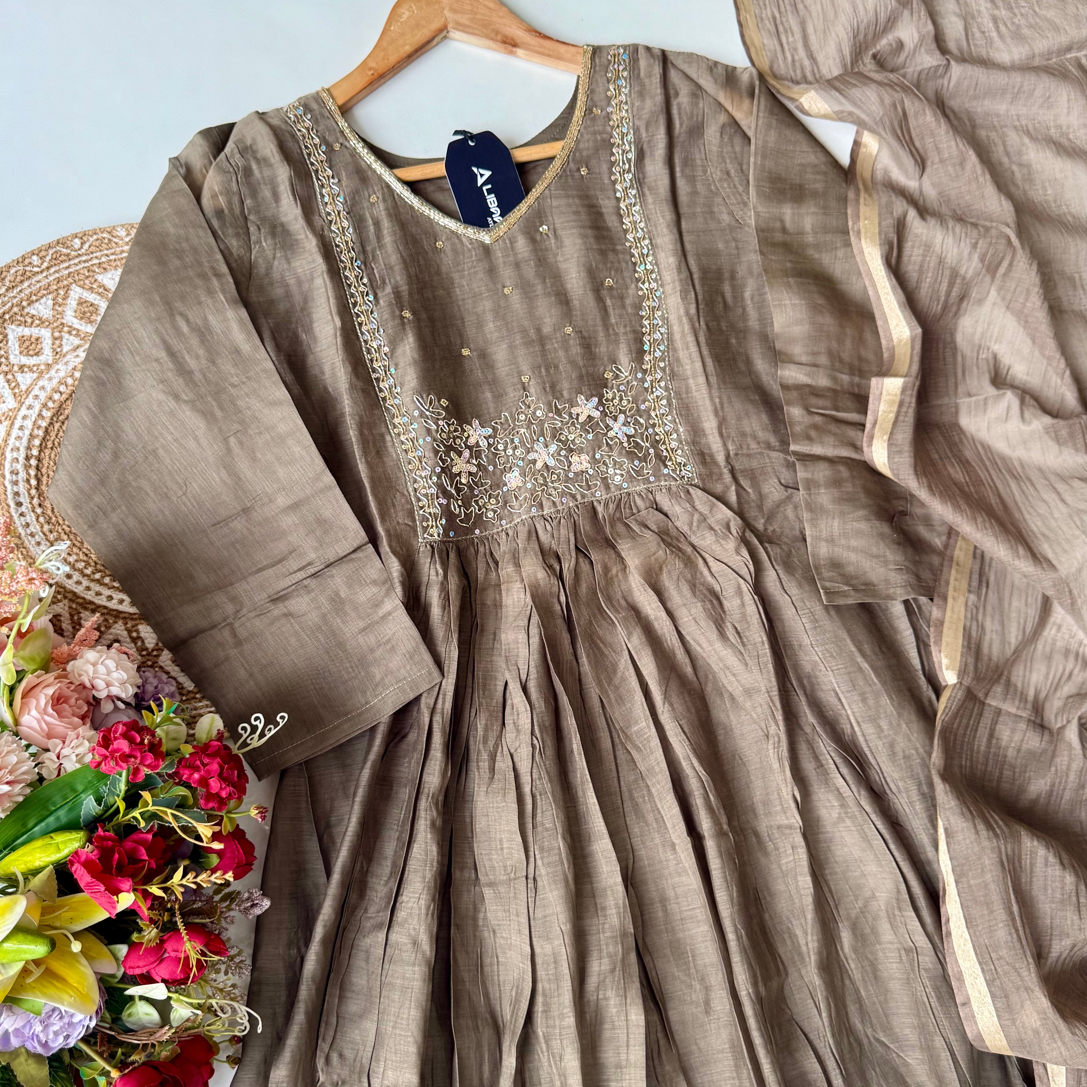“Eiryan” Olive Brown Mul Chanderi Handwork Anarkali suit set