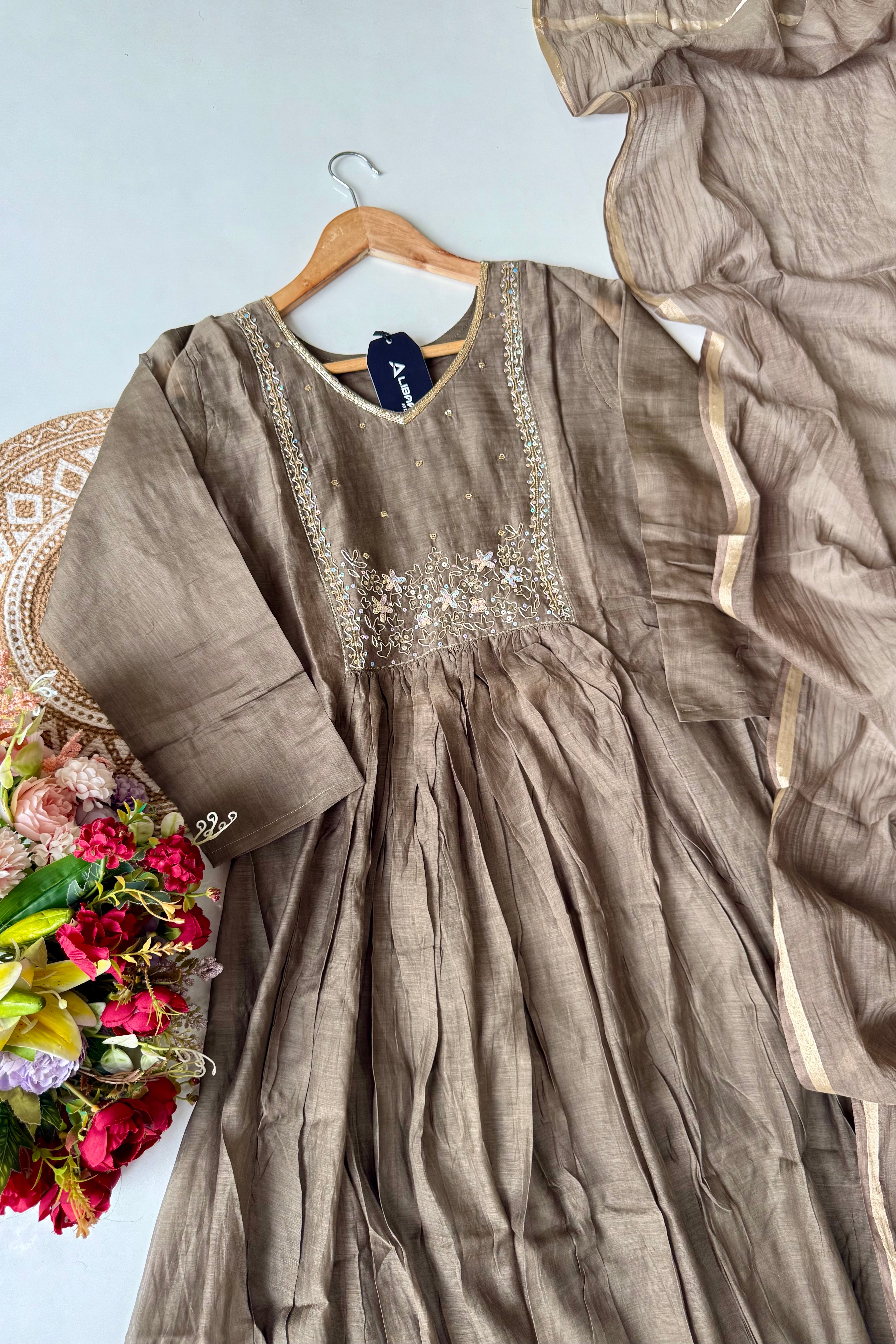 “Eiryan” Olive Brown Mul Chanderi Handwork Anarkali suit set