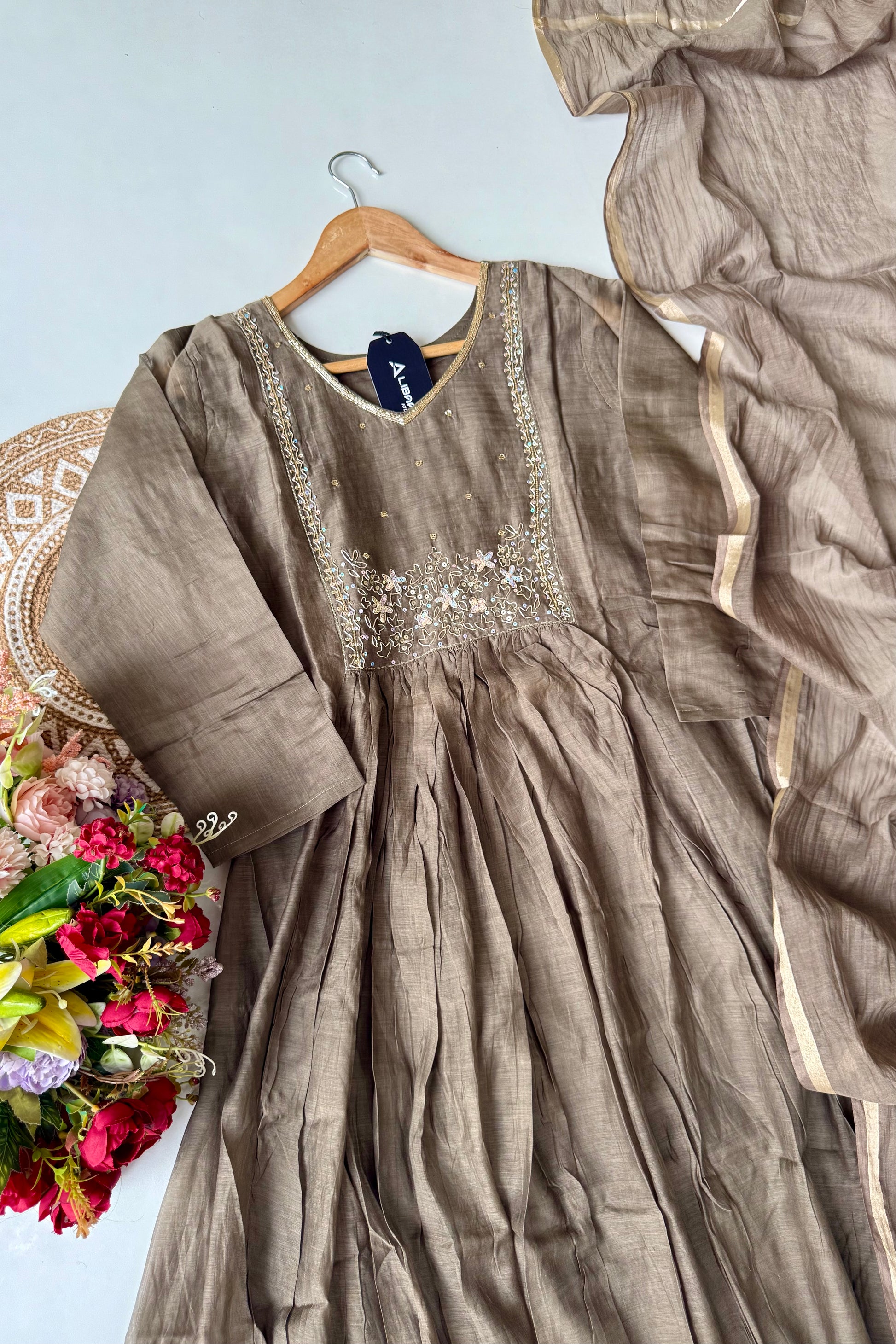 “Eiryan” Olive Brown Mul Chanderi Handwork Anarkali suit set