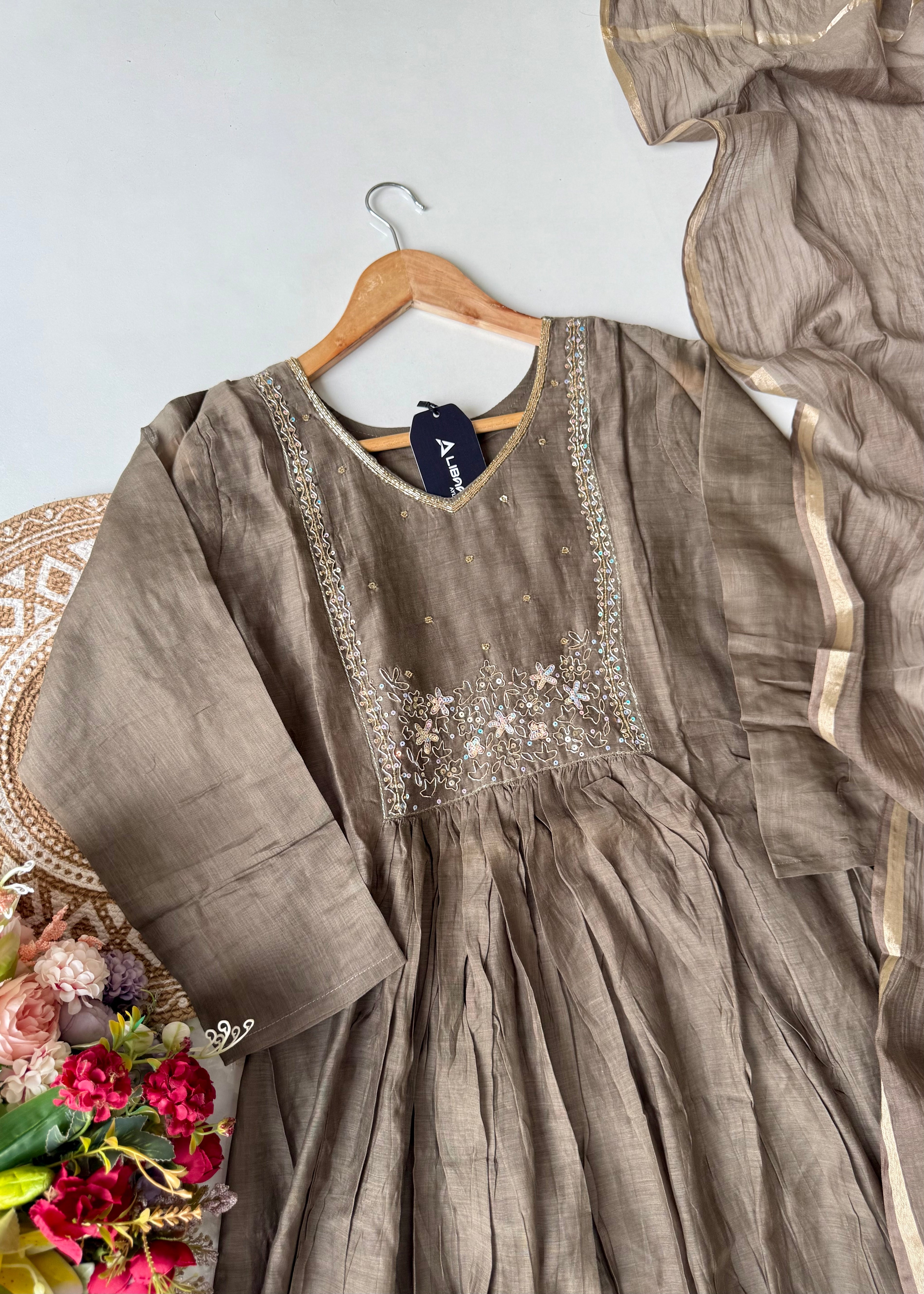 “Eiryan” Olive Brown Mul Chanderi Handwork Anarkali suit set
