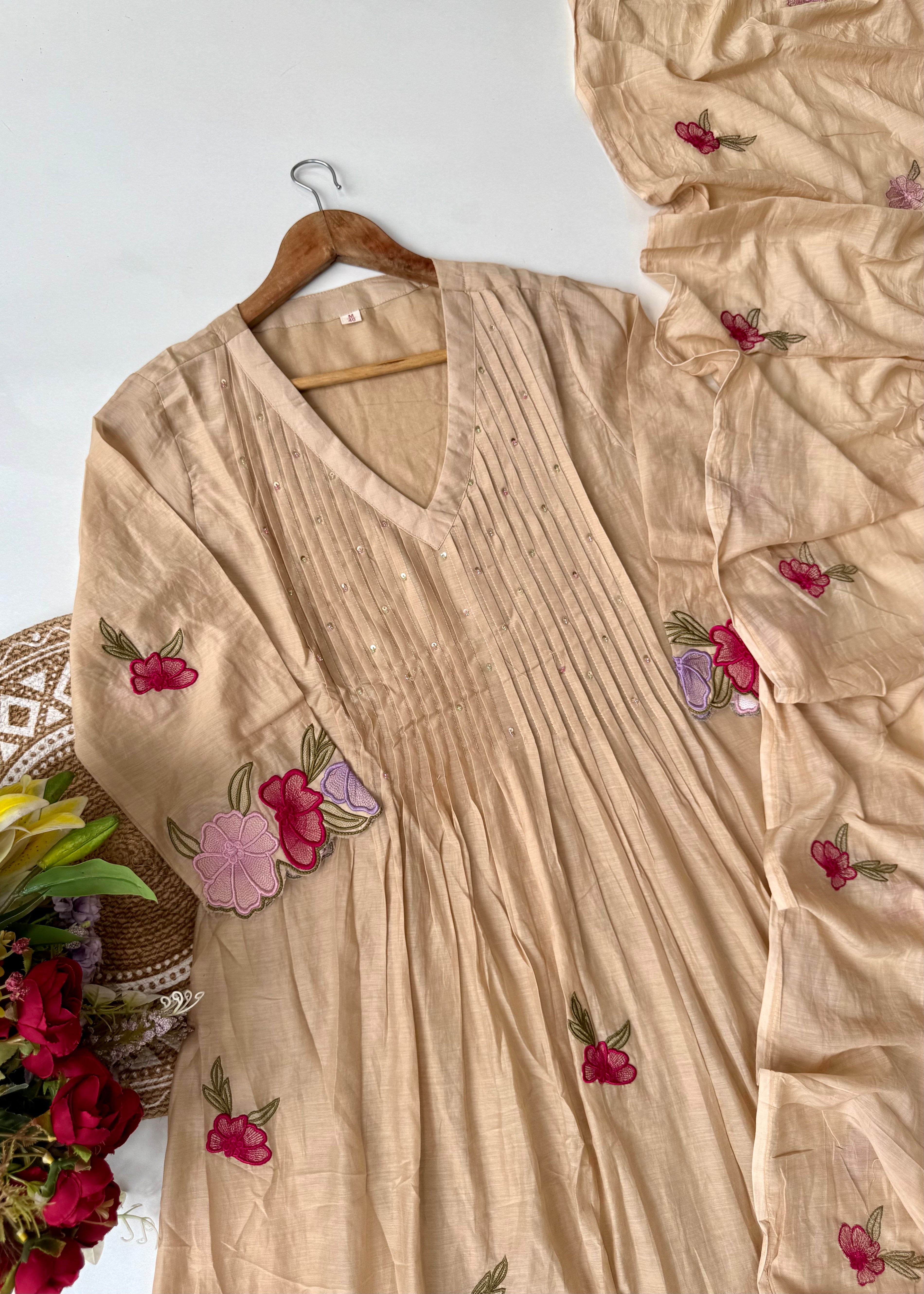 “Jhanvi” Luxury Mul Chanderi Anarkali Set | Appliqué Embroidery | Dupatta & Bottom