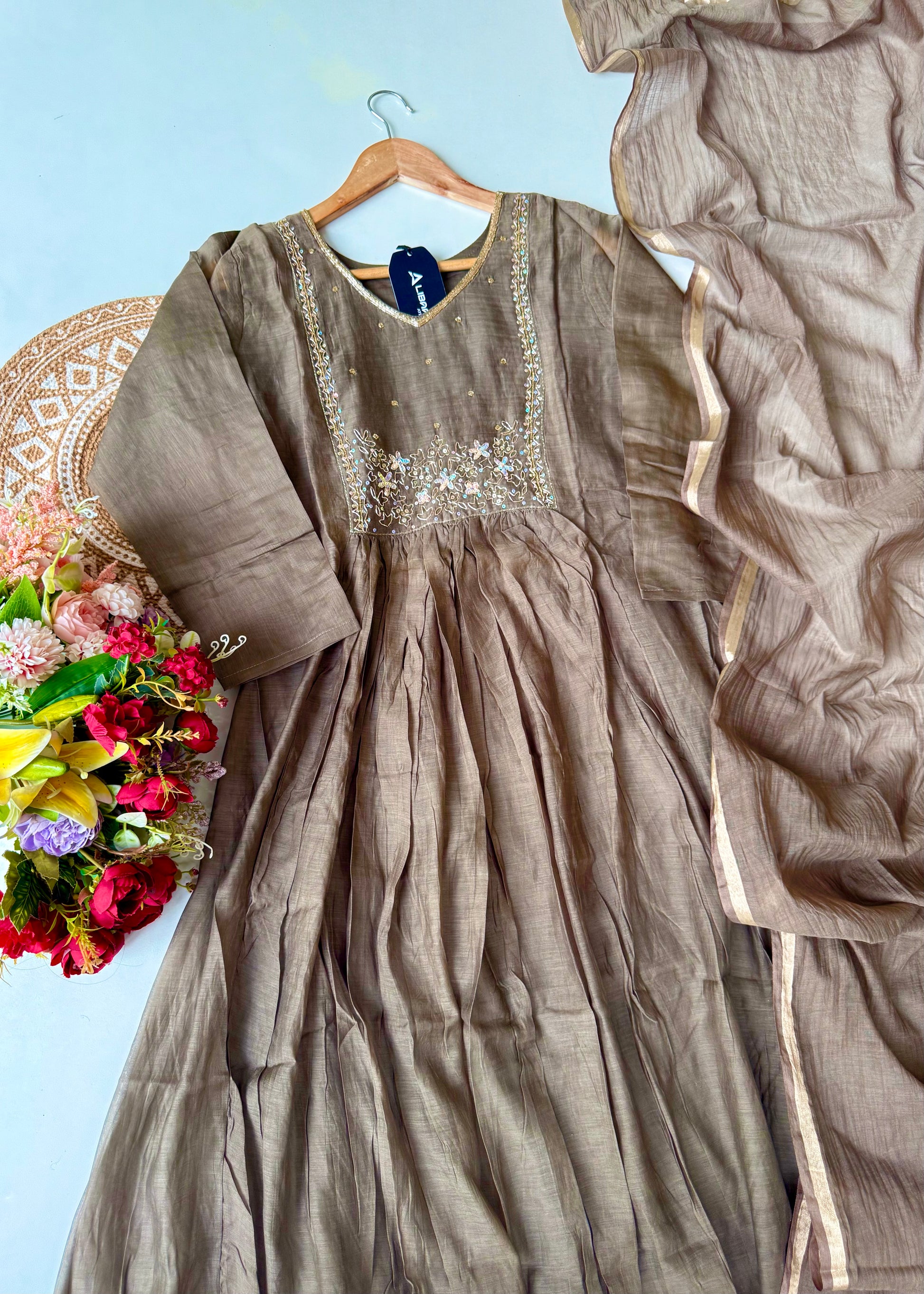 “Eiryan” Olive Brown Mul Chanderi Handwork Anarkali suit set