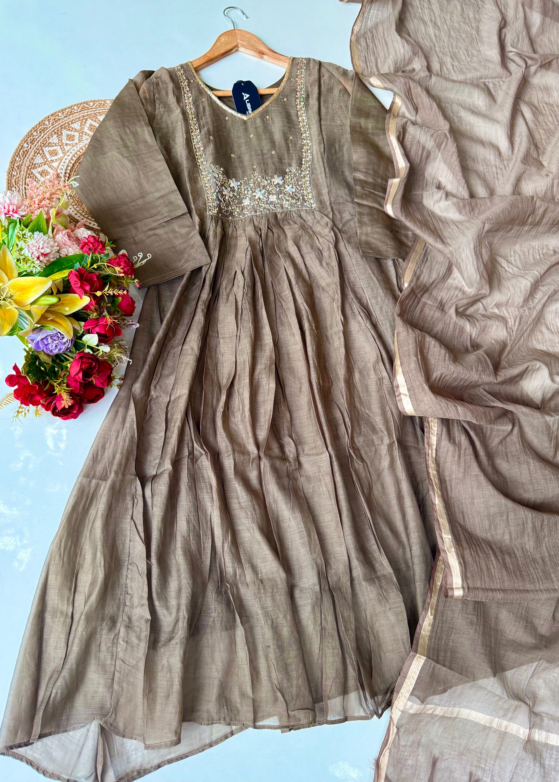 “Eiryan” Olive Brown Mul Chanderi Handwork Anarkali suit set