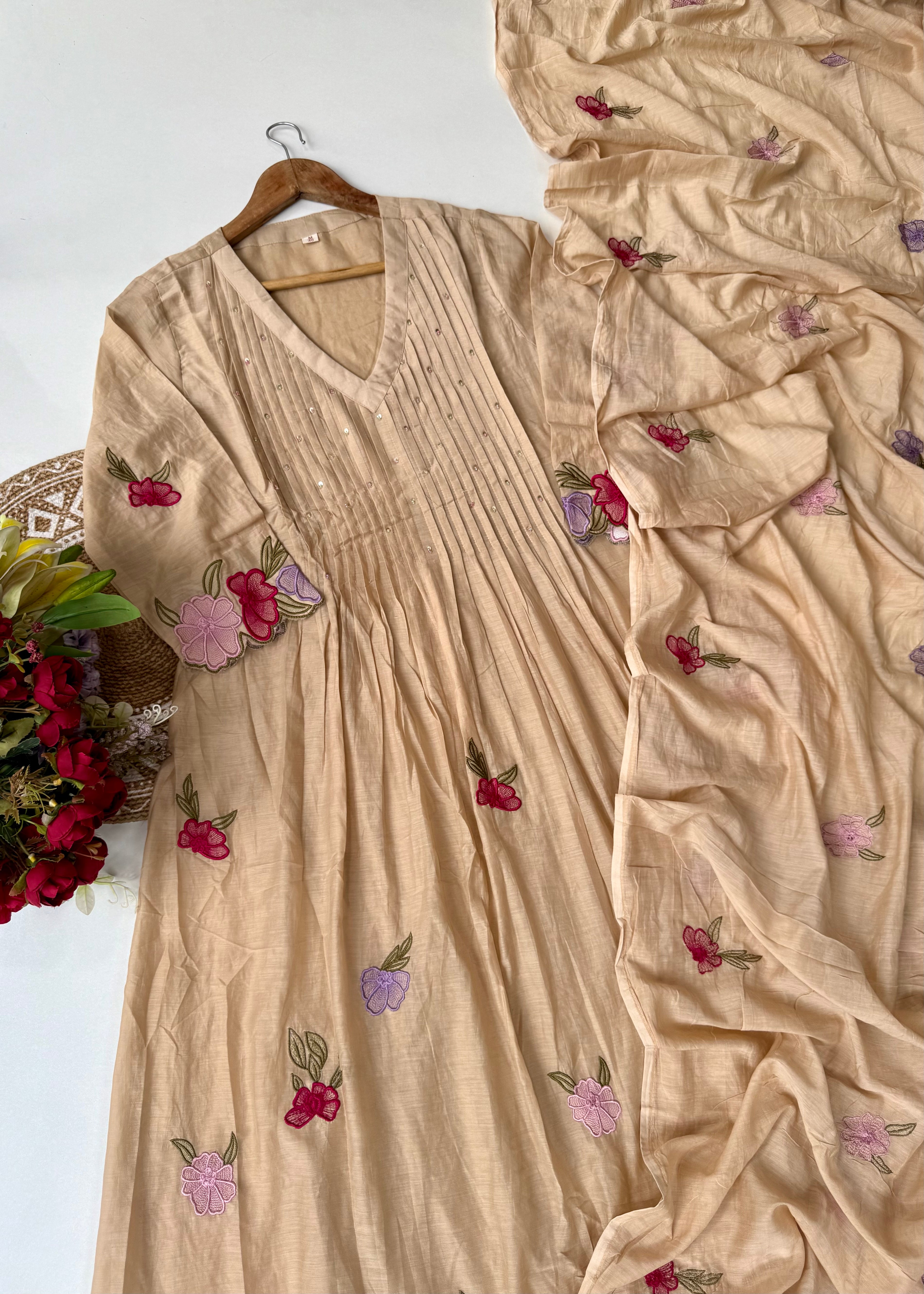 “Jhanvi” Luxury Mul Chanderi Anarkali Set | Appliqué Embroidery | Dupatta & Bottom