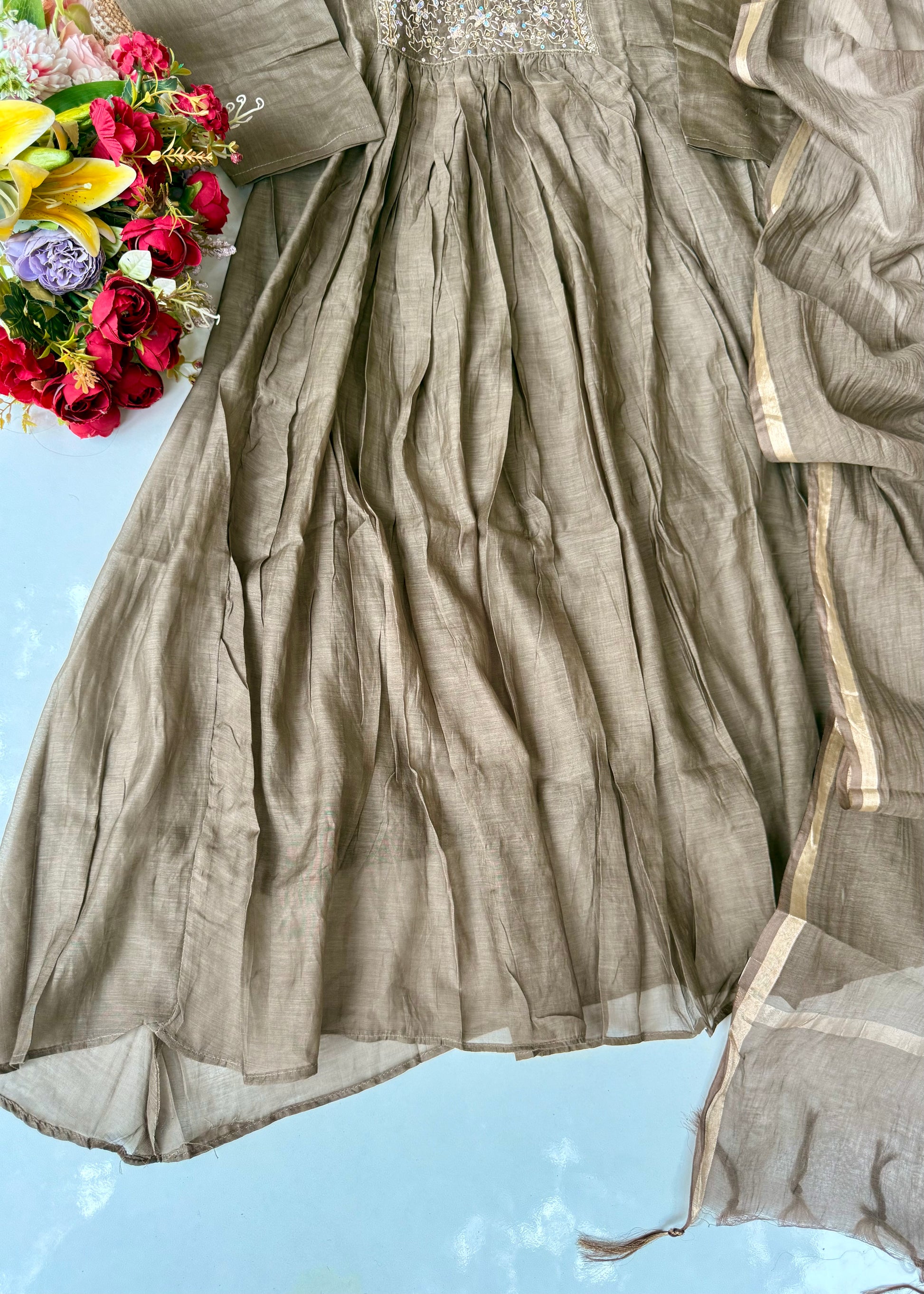 “Eiryan” Olive Brown Mul Chanderi Handwork Anarkali suit set