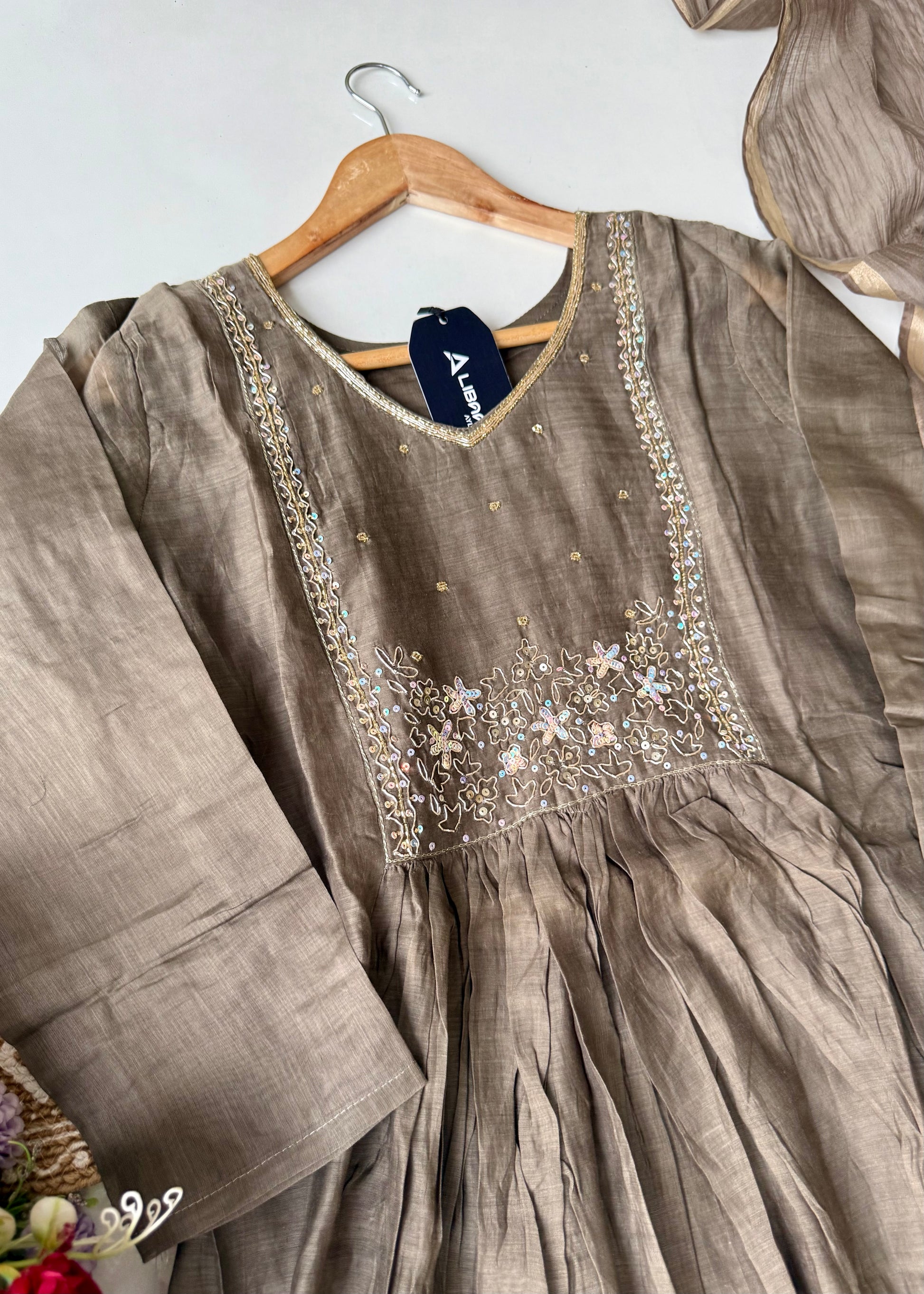 “Eiryan” Olive Brown Mul Chanderi Handwork Anarkali suit set
