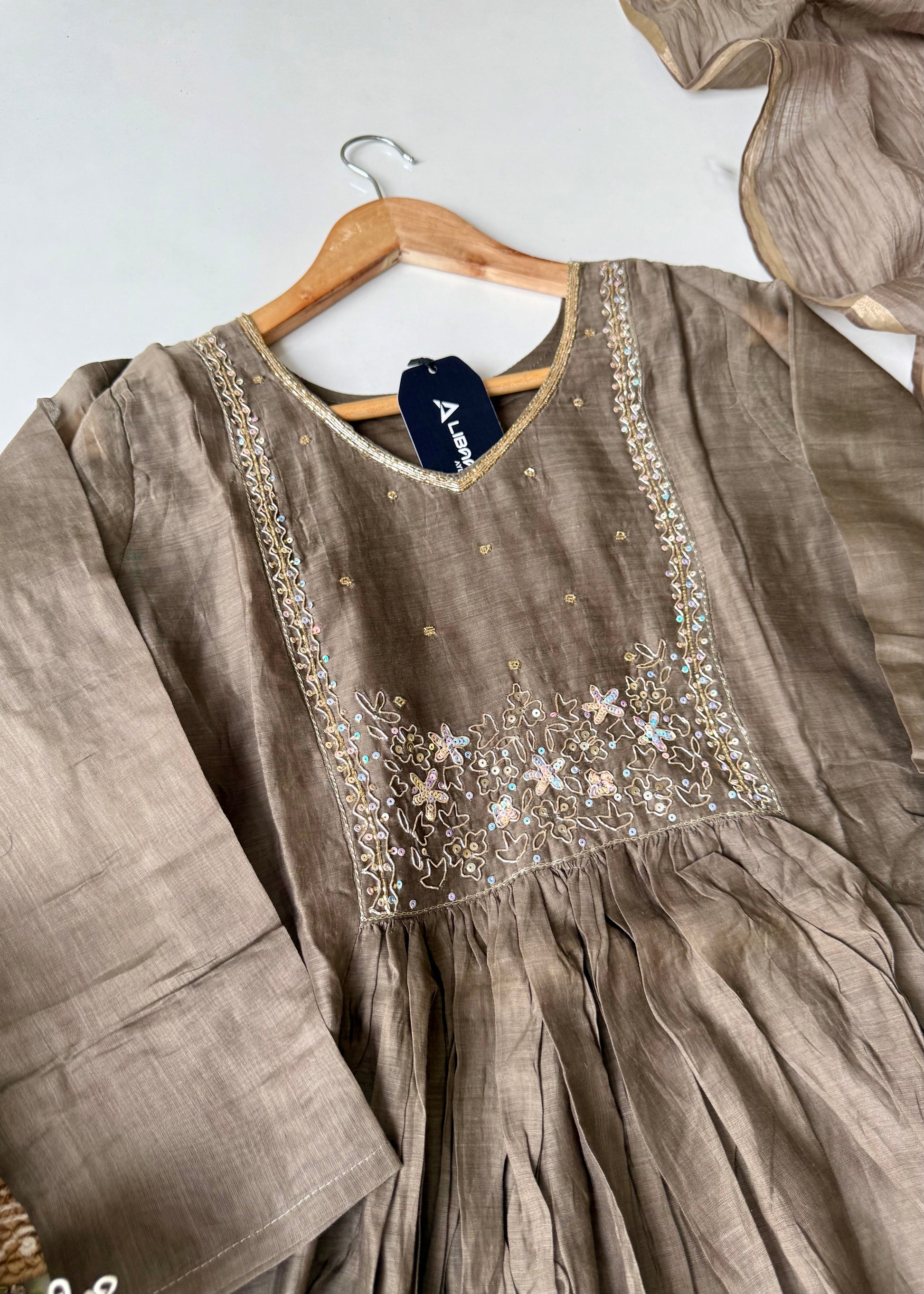 “Eiryan” Olive Brown Mul Chanderi Handwork Anarkali suit set