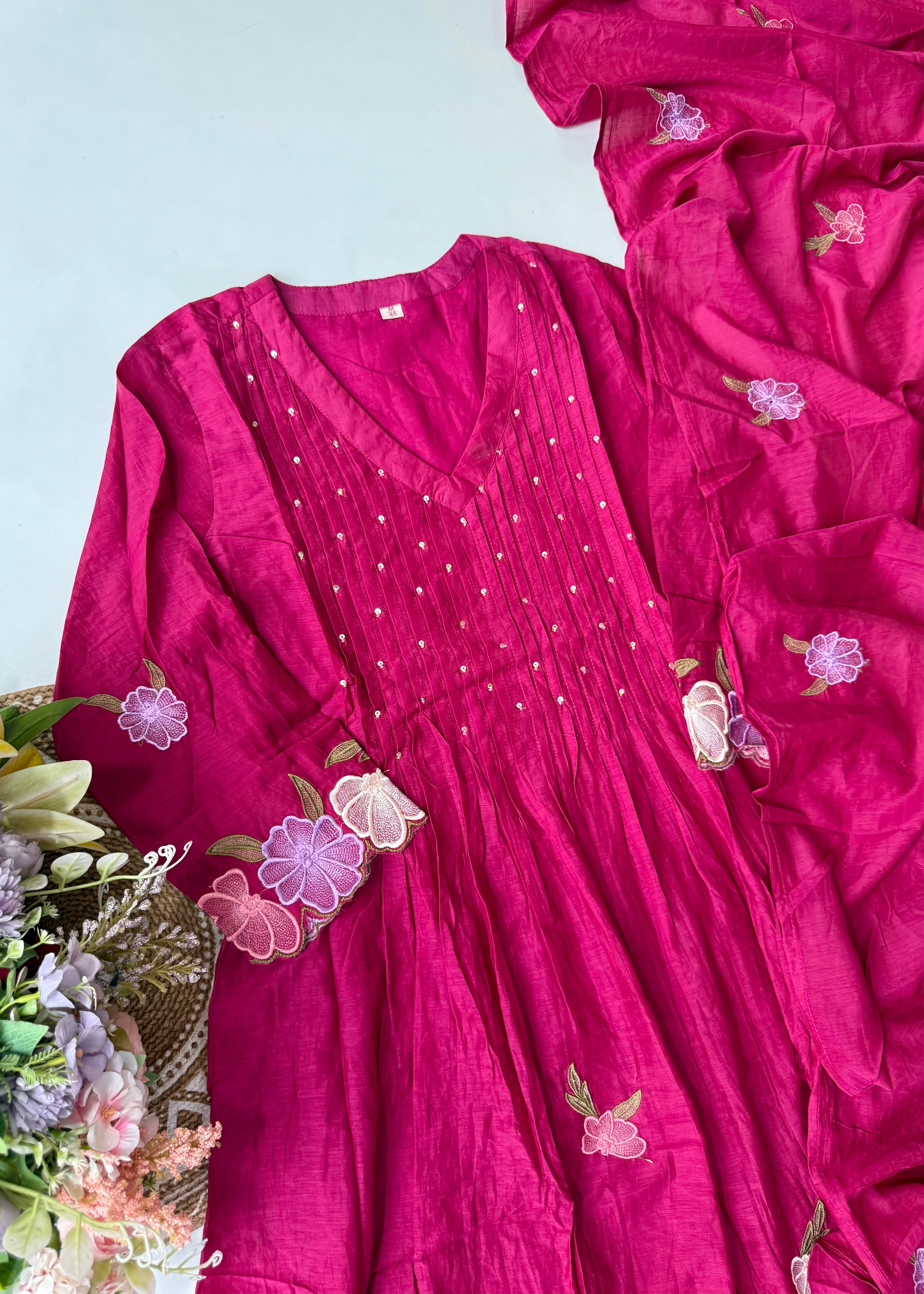 “Jhanvi” Luxury Mul Chanderi Anarkali Set | Appliqué Embroidery | Dupatta & Bottom