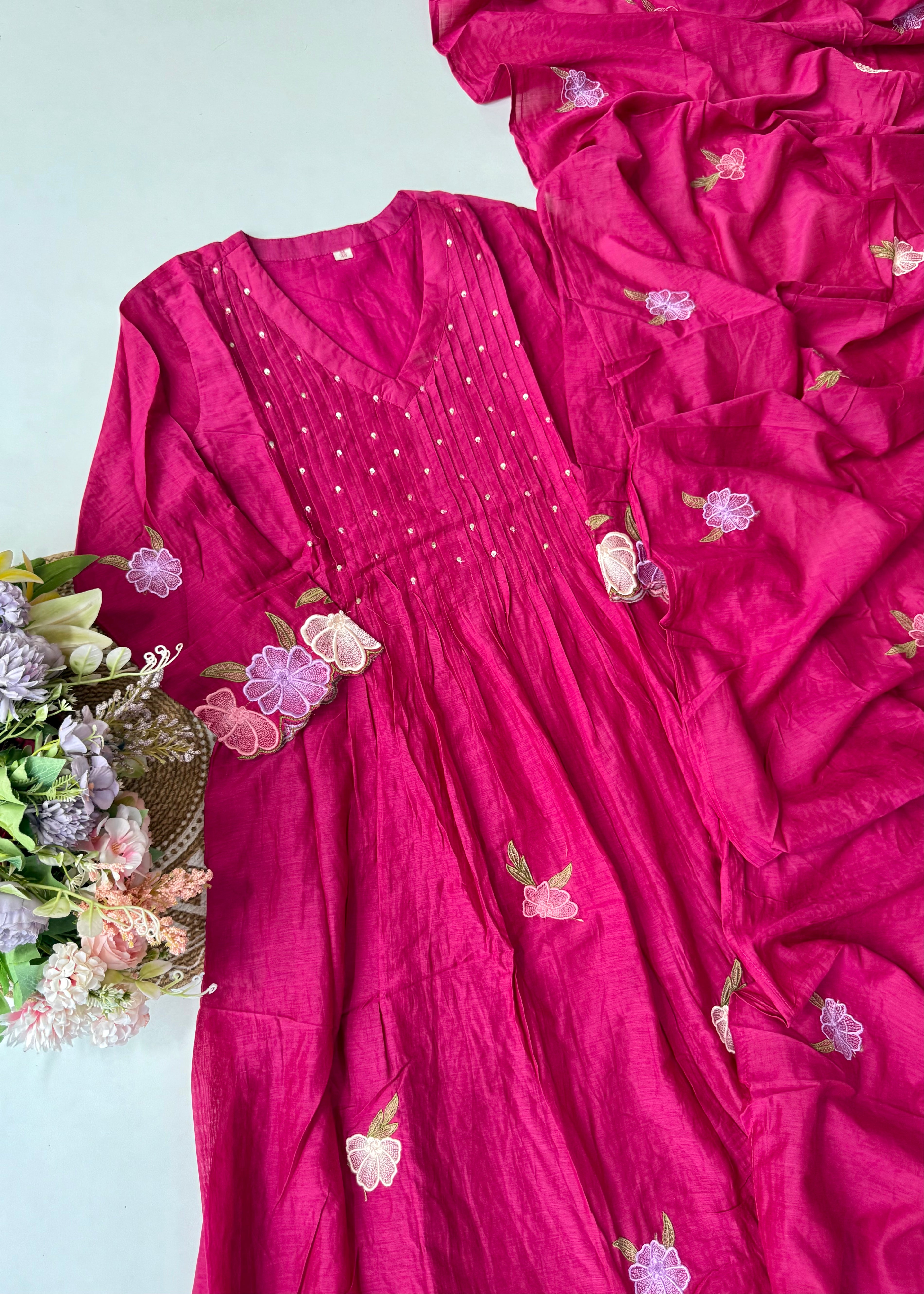 “Jhanvi” Luxury Mul Chanderi Anarkali Set | Appliqué Embroidery | Dupatta & Bottom