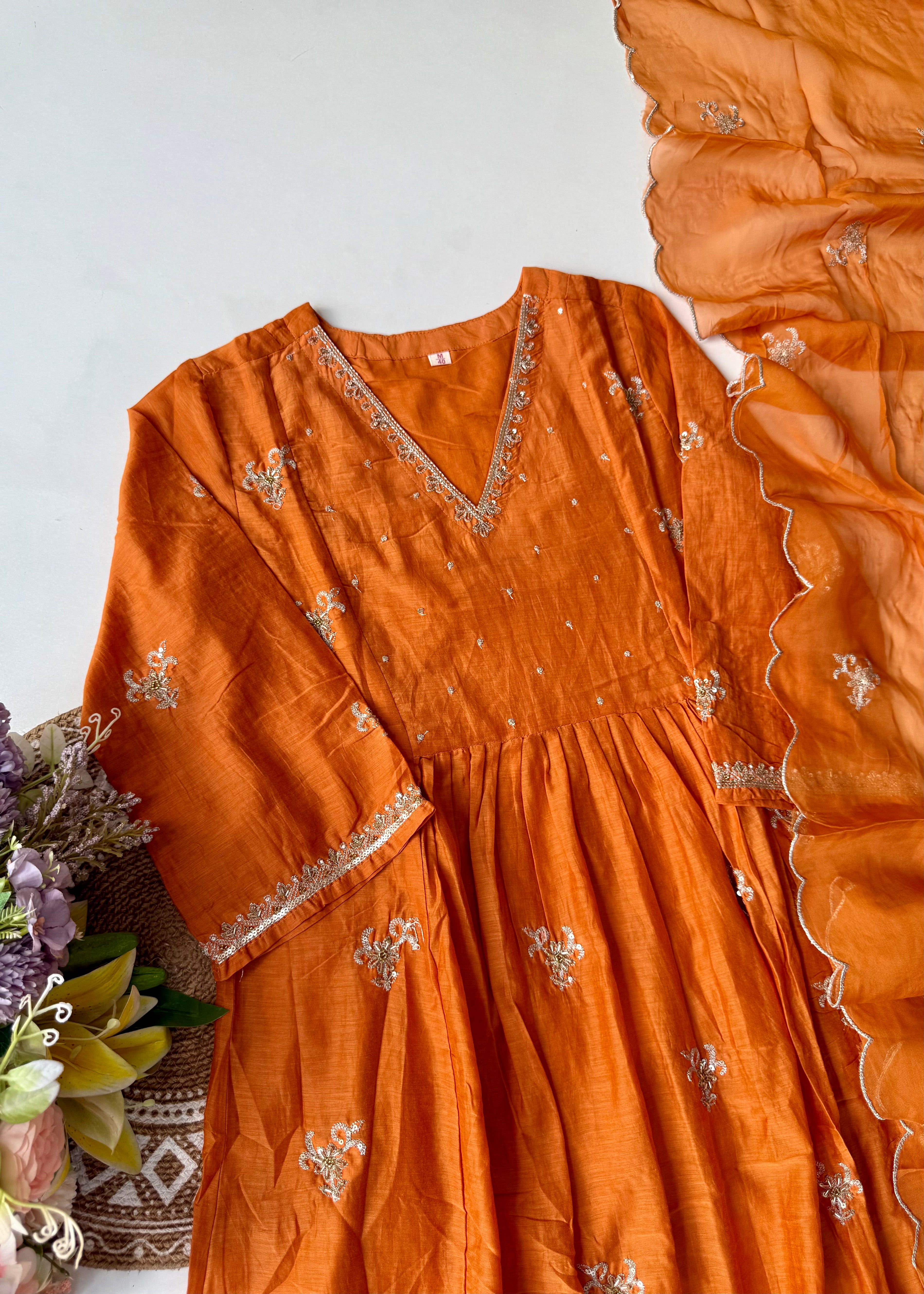 “Ishira” Premium Mul Chanderi Anarkali Kurta Set with Handwork