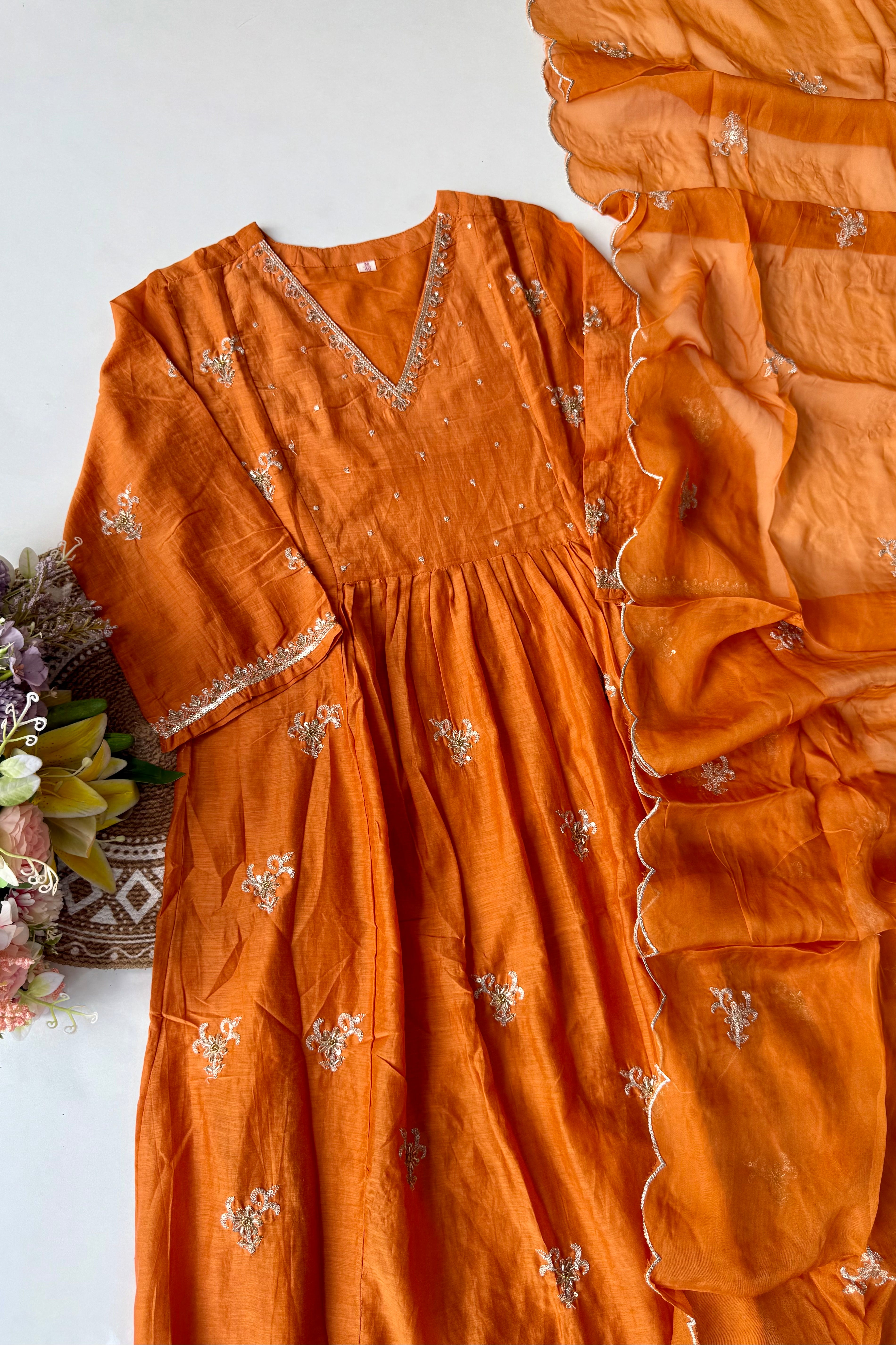 “Ishira” Premium Mul Chanderi Anarkali Kurta Set with Handwork