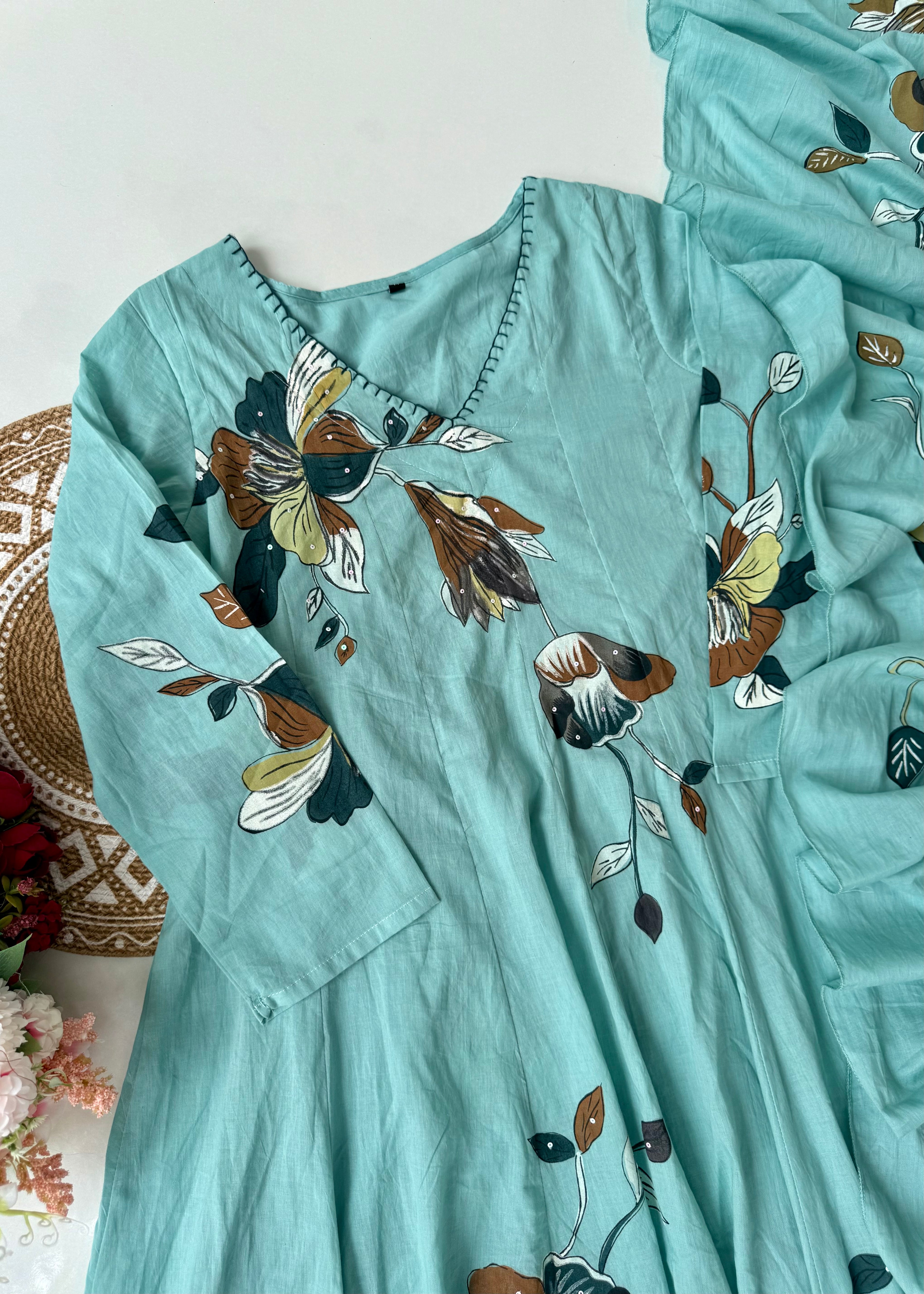 “Zoey” Premium Mulmul Hand brush print Anarkali suit