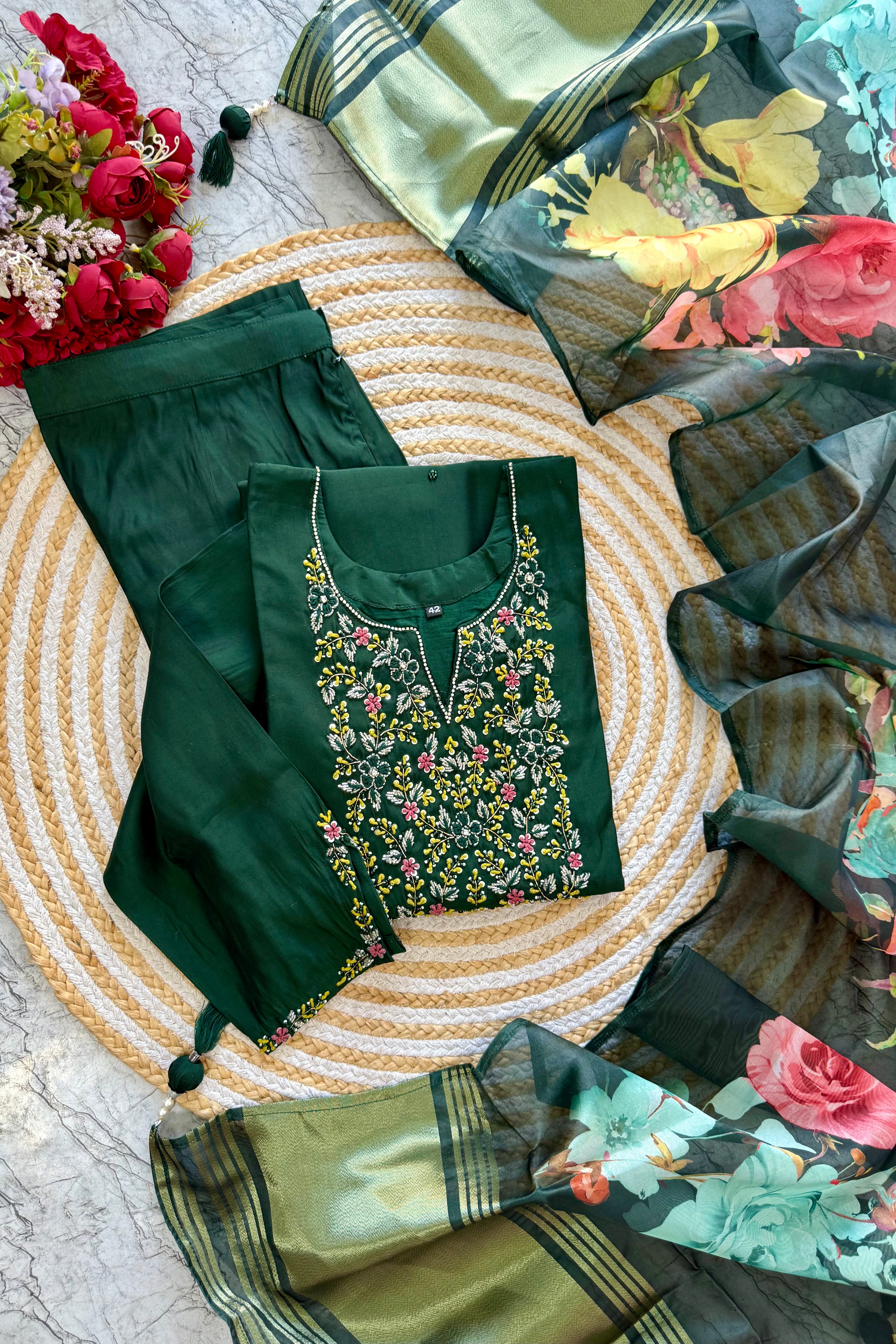 “AMALA” Premium roman silk handcrafted kurti set