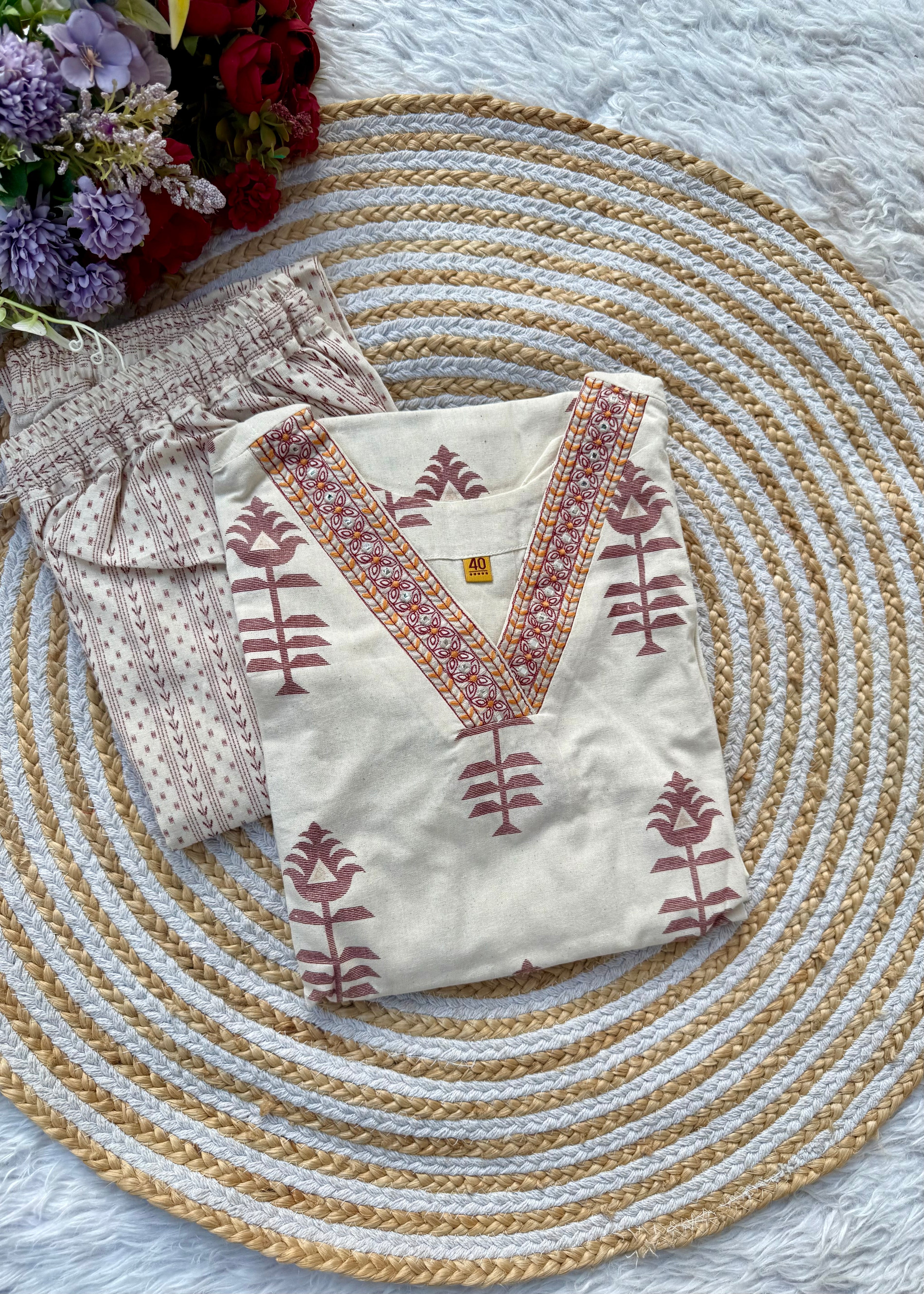 “MISHA" Premium cotton Mirror work kurti pant set