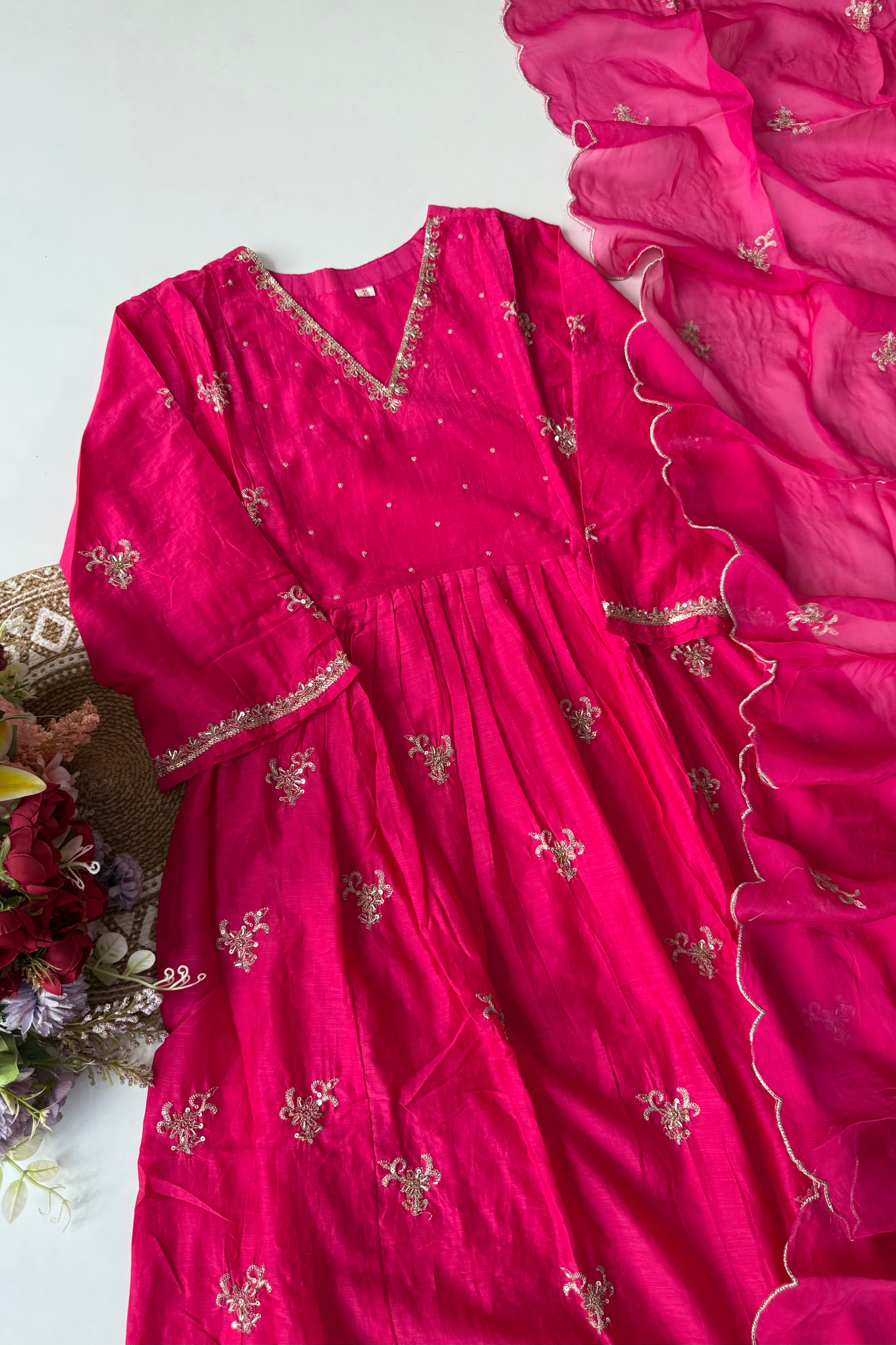 “Ishira” Premium Mul Chanderi Anarkali Kurta Set with Handwork