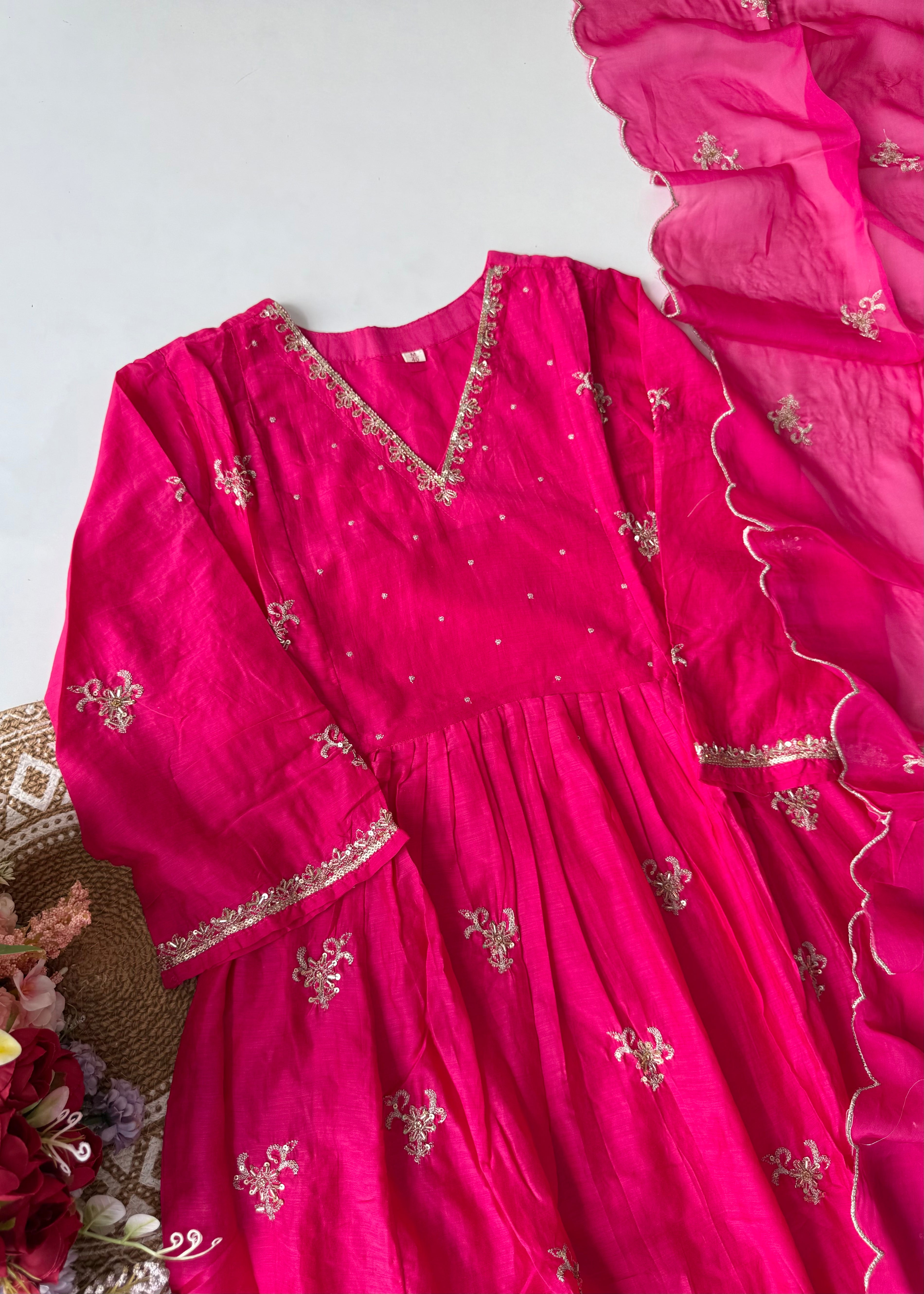 “Ishira” Premium Mul Chanderi Anarkali Kurta Set with Handwork