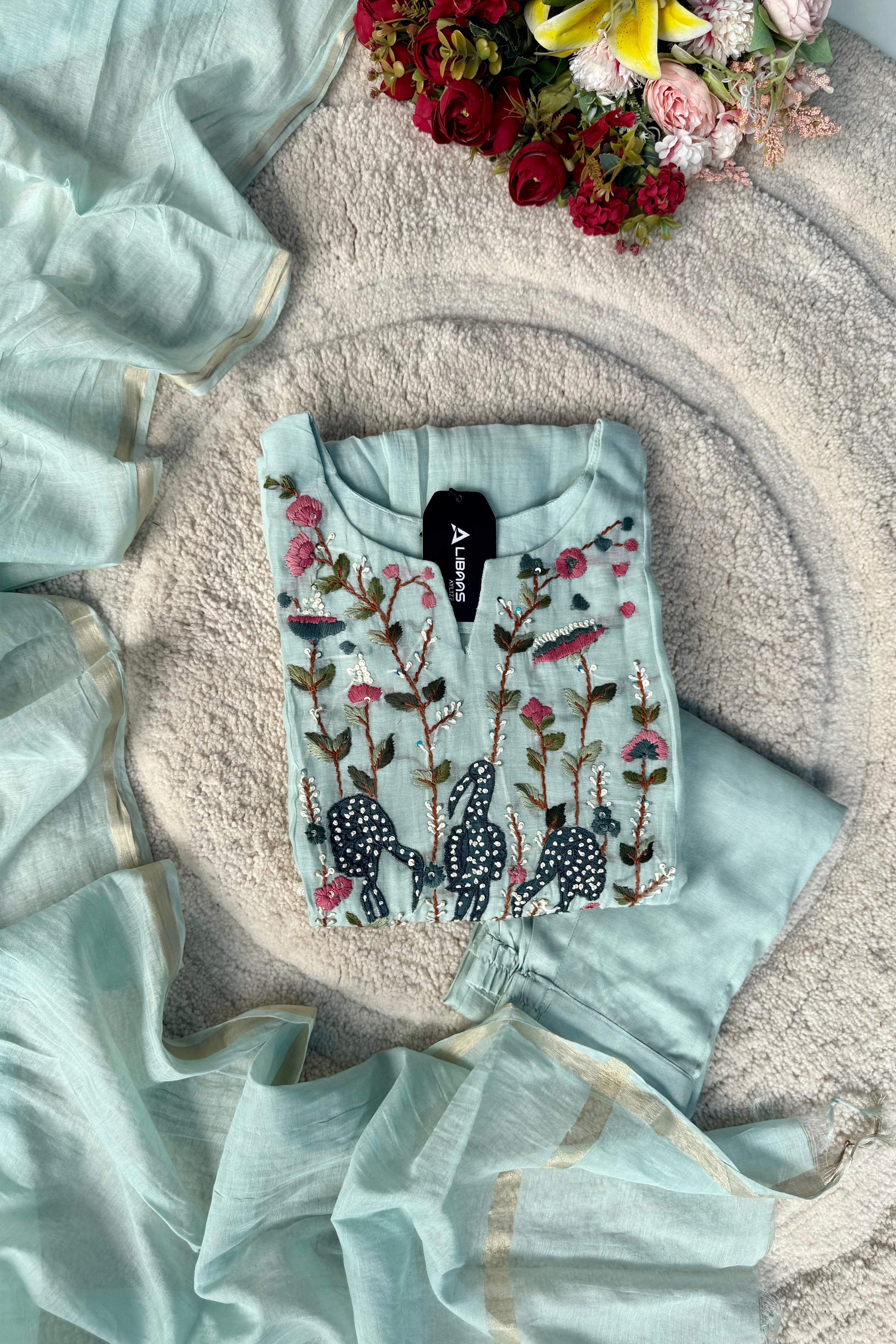 “Blush” Aqua Blue Mul Chanderi Anarkali Suit Set