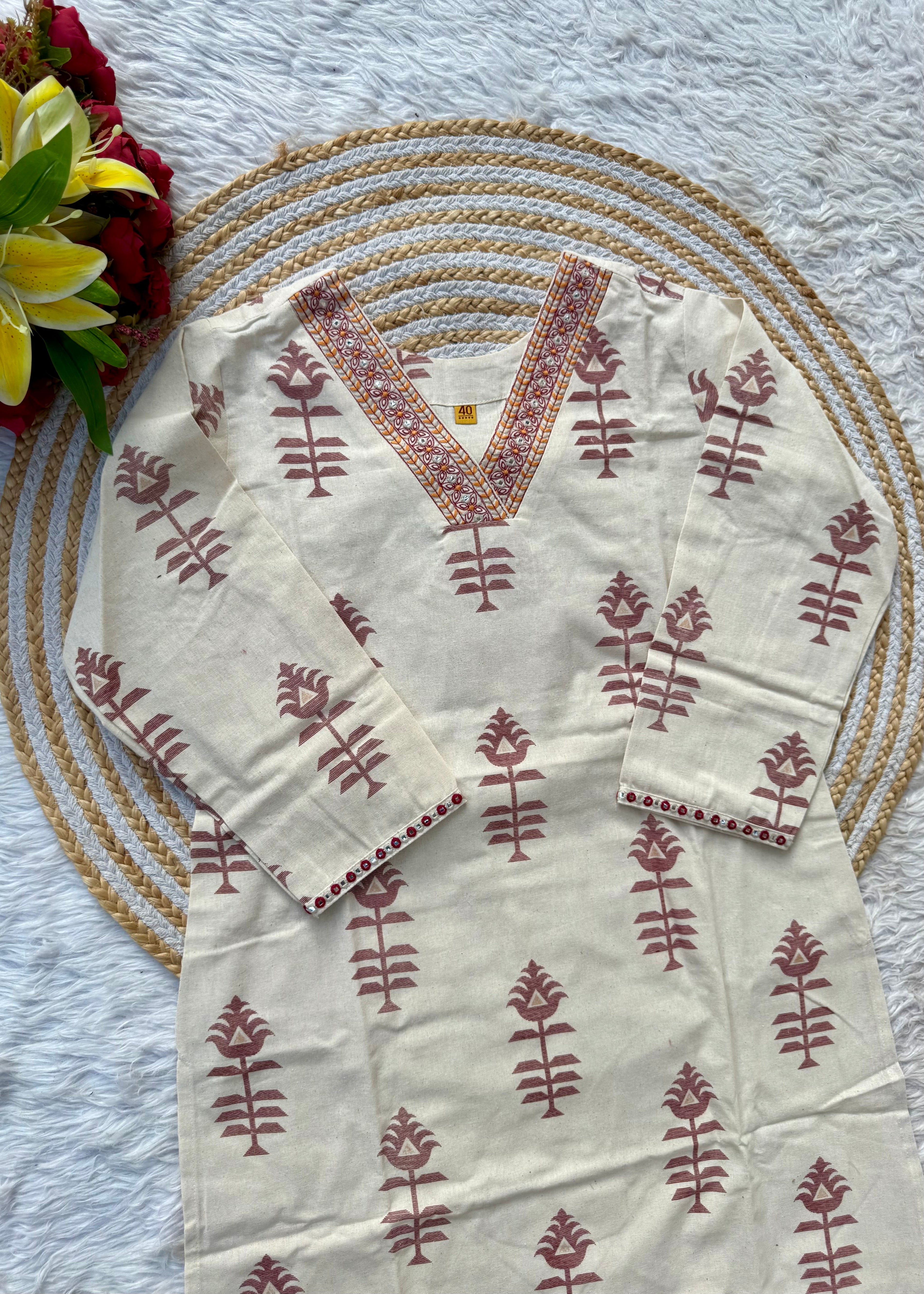 “MISHA" Premium cotton Mirror work kurti pant set