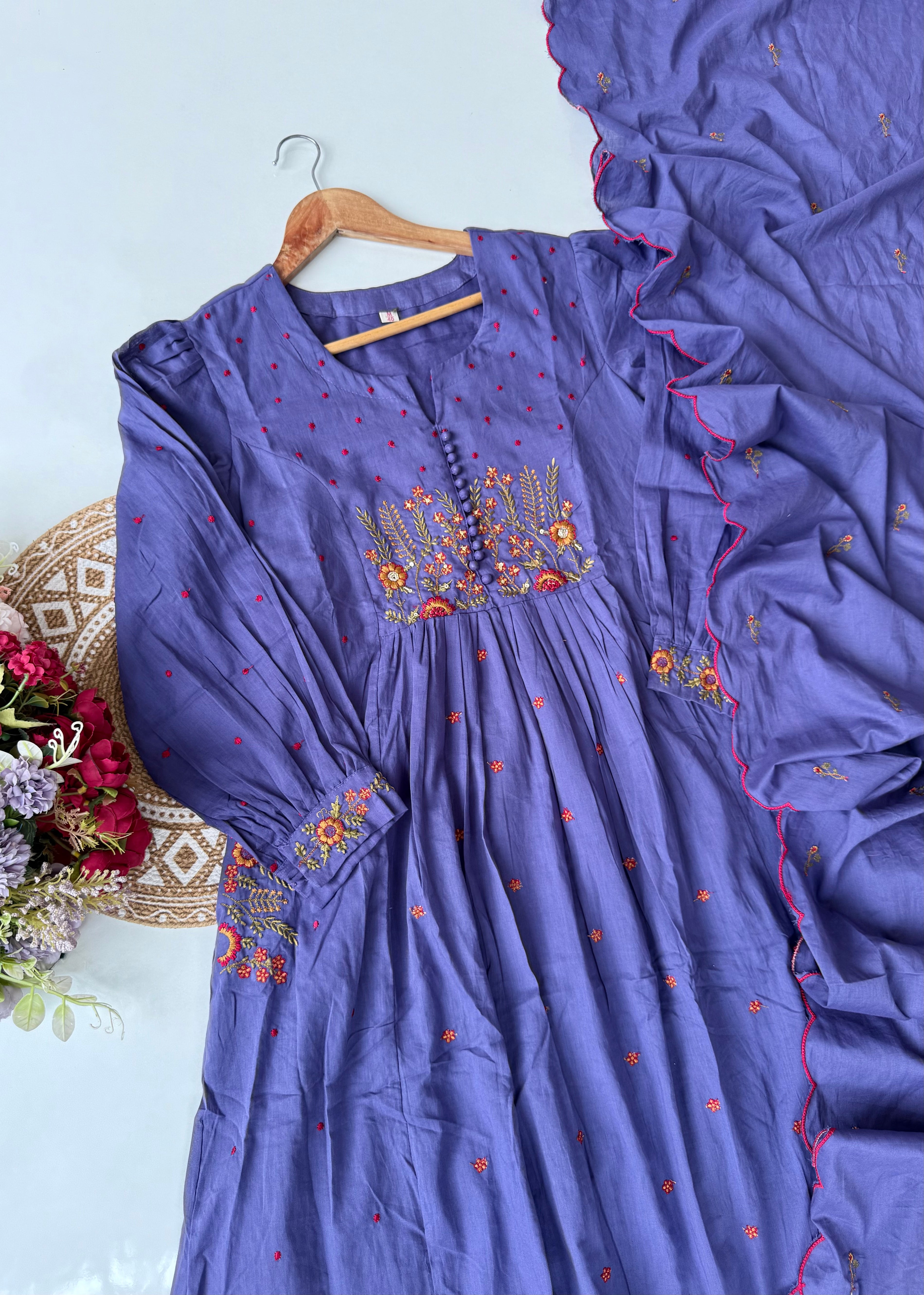 “Hera” Muted Purple Mulmul Anarkali suit set