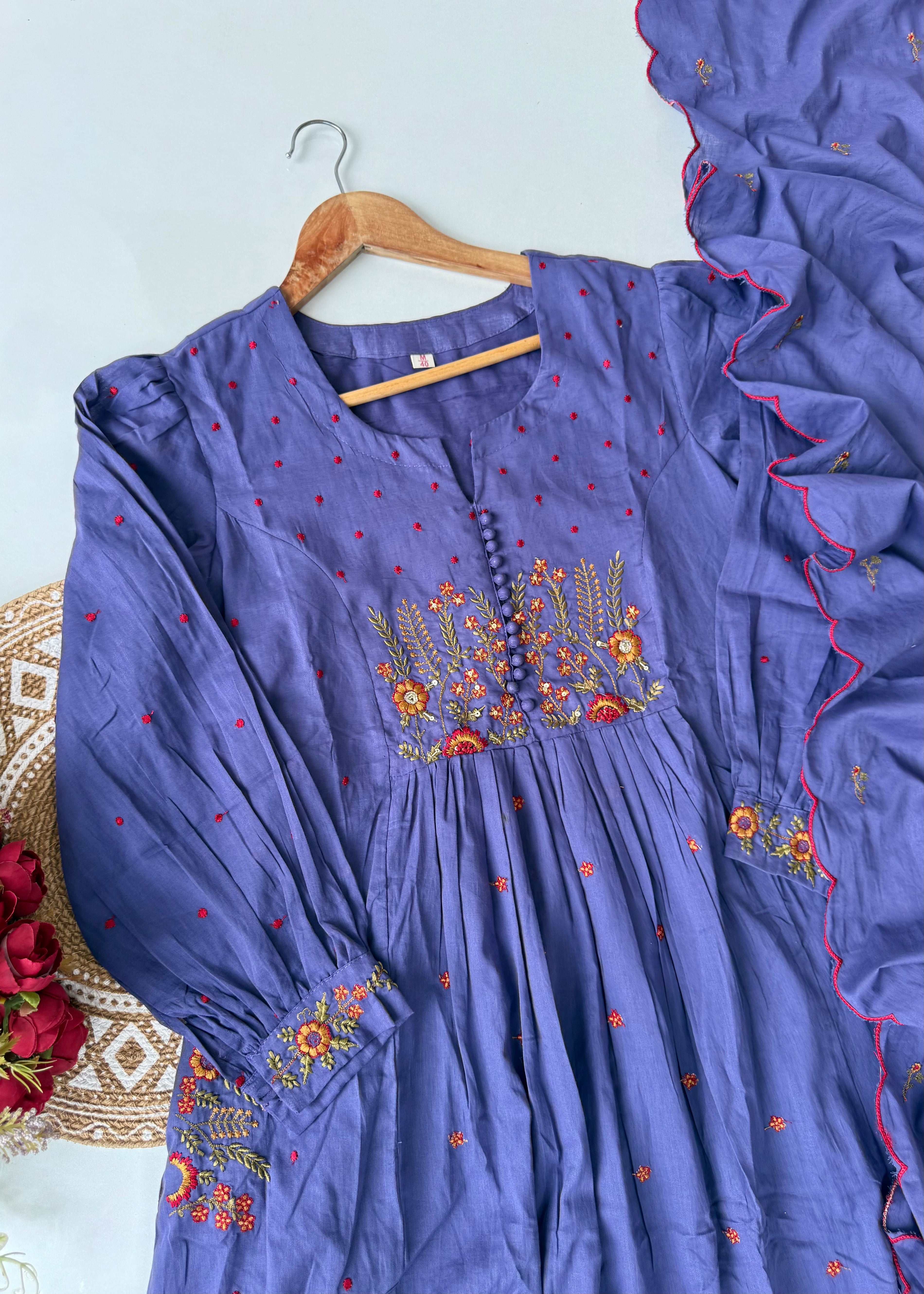“Hera” Muted Purple Mulmul Anarkali suit set