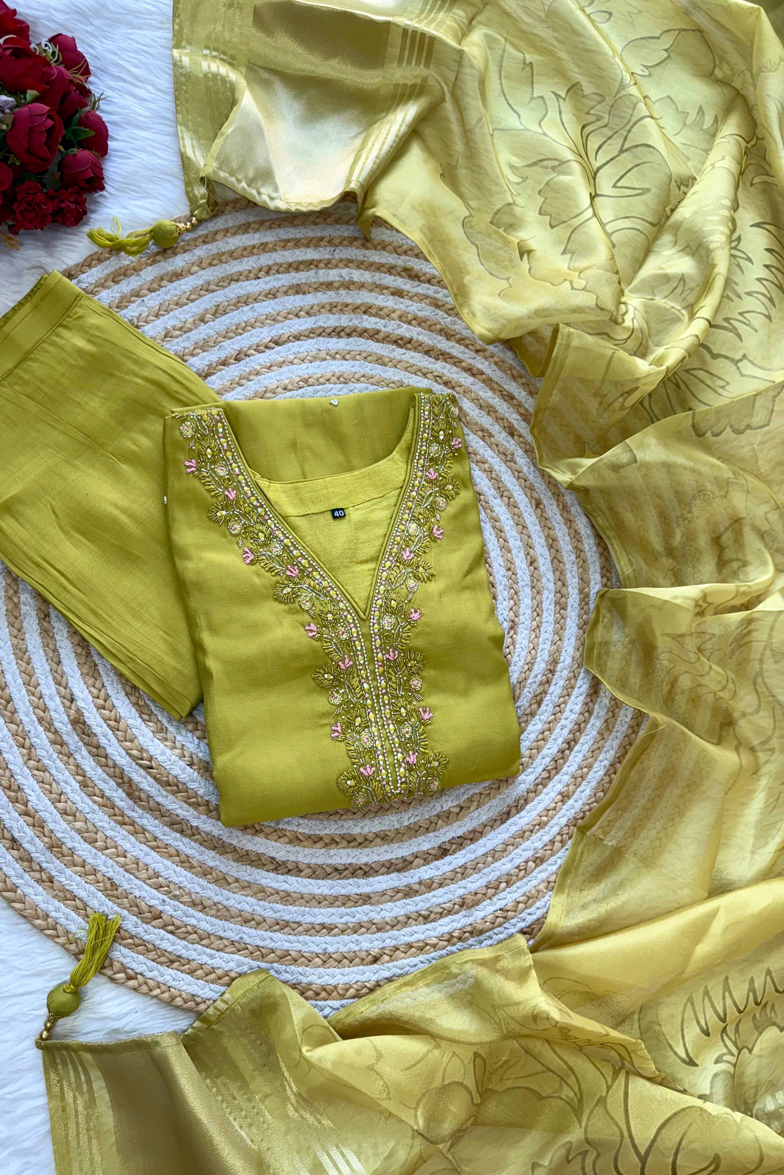 “UMA” Premium roman silk handcrafted kurti set