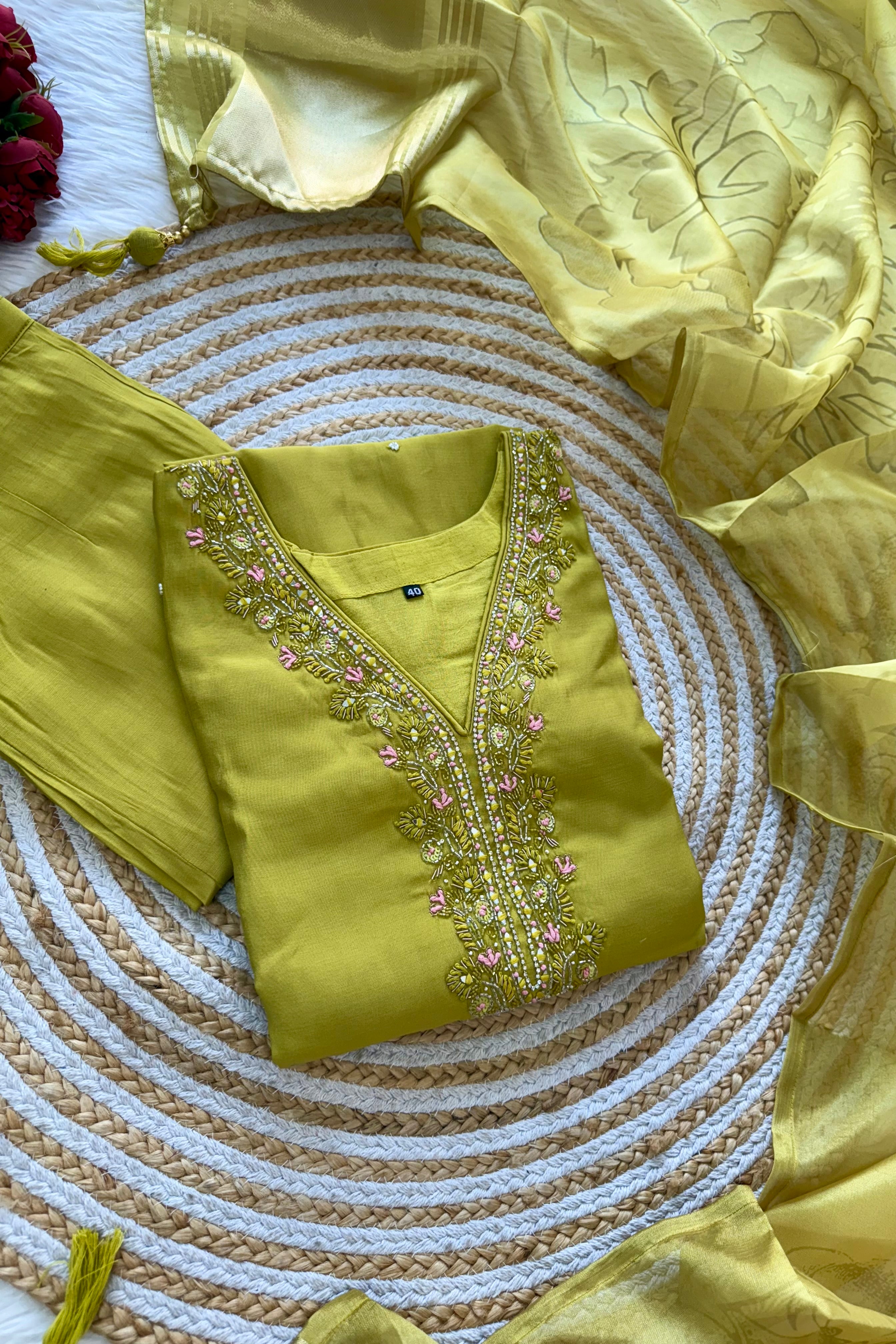 “UMA” Premium roman silk handcrafted kurti set