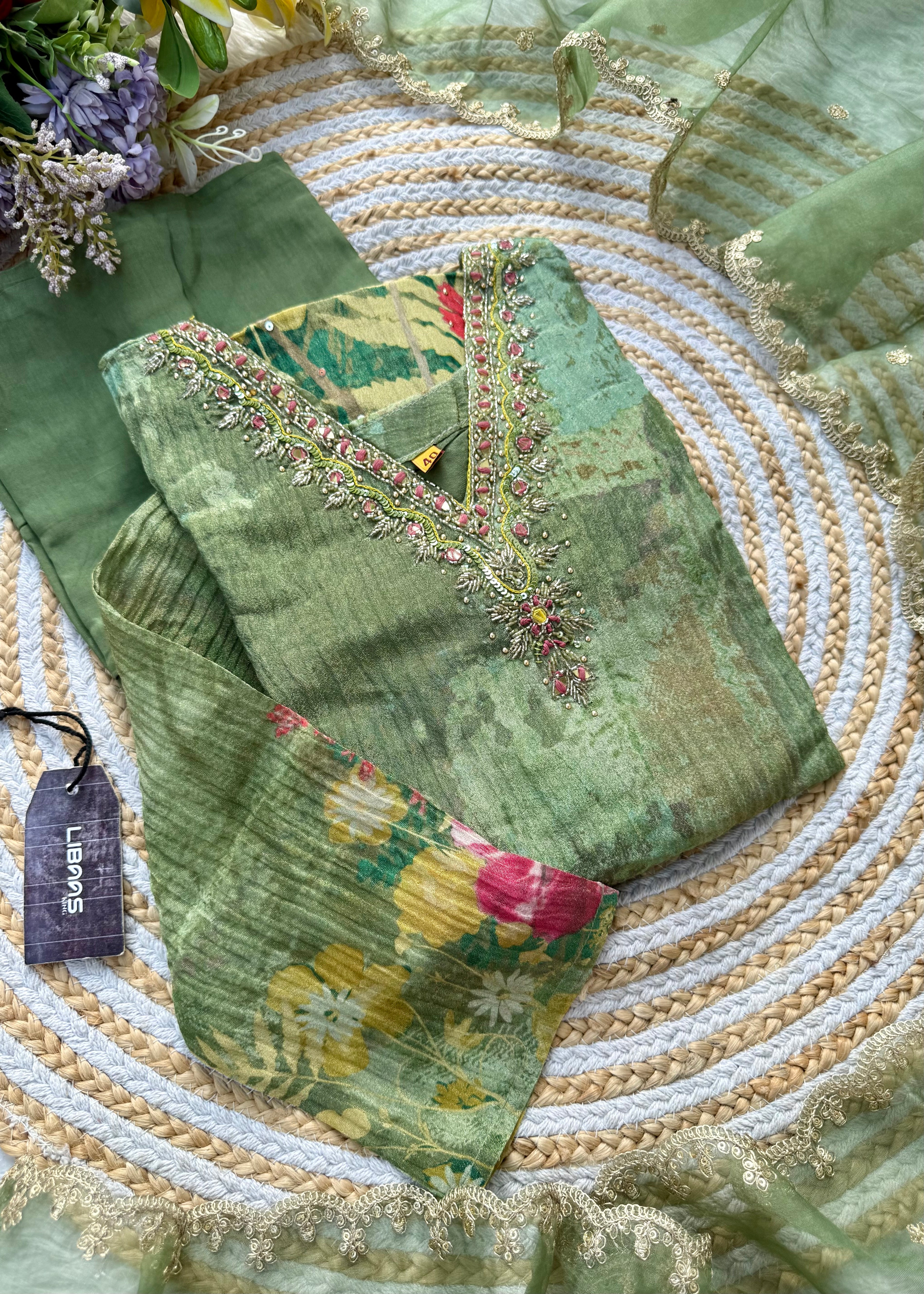 “Darkaar" Premium printed Tissue silk handcrafted kurti bottom with dupatta set 🛍️