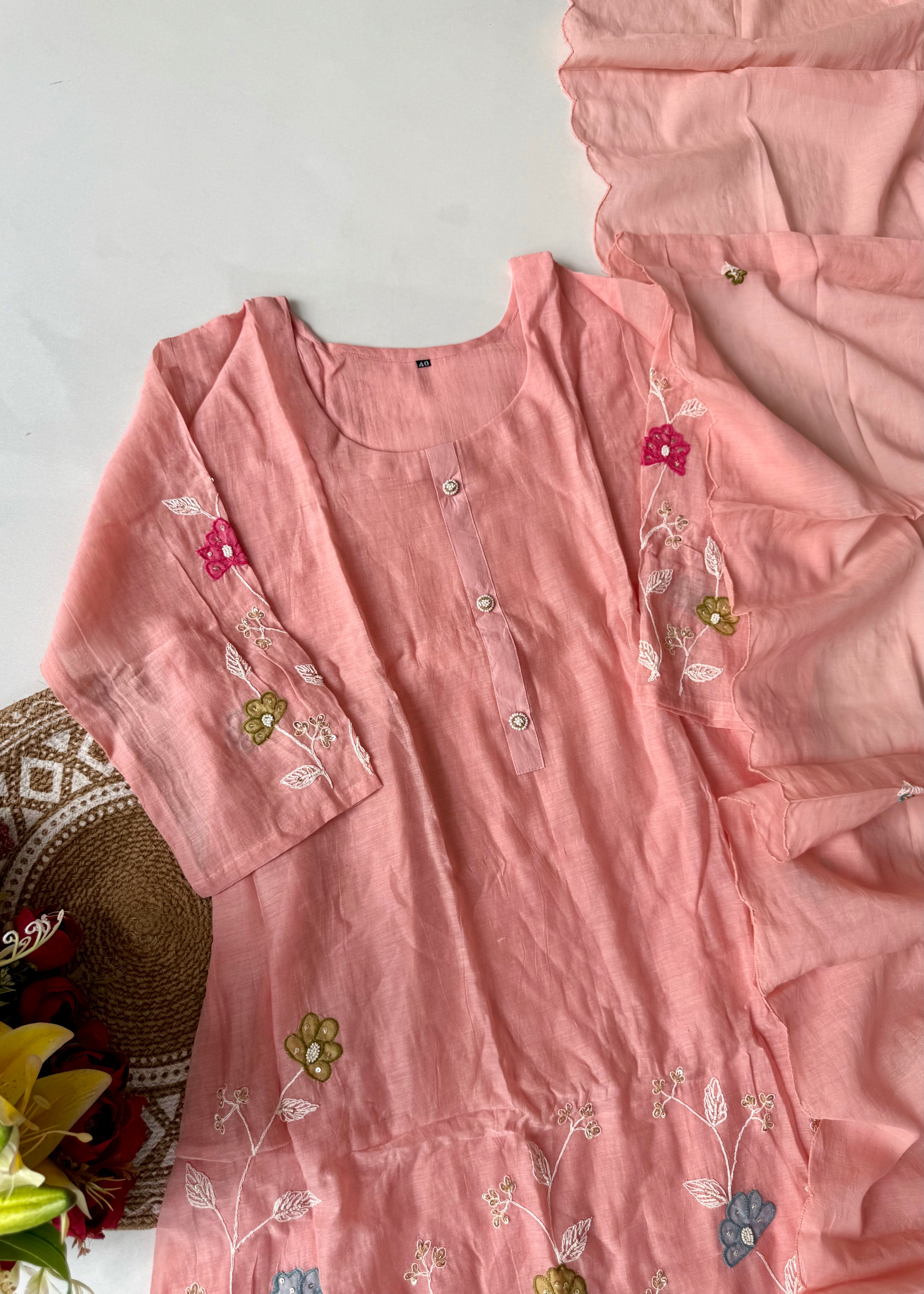 “Wow” Mul Chanderi Applique Embroidered A line Kurta Set