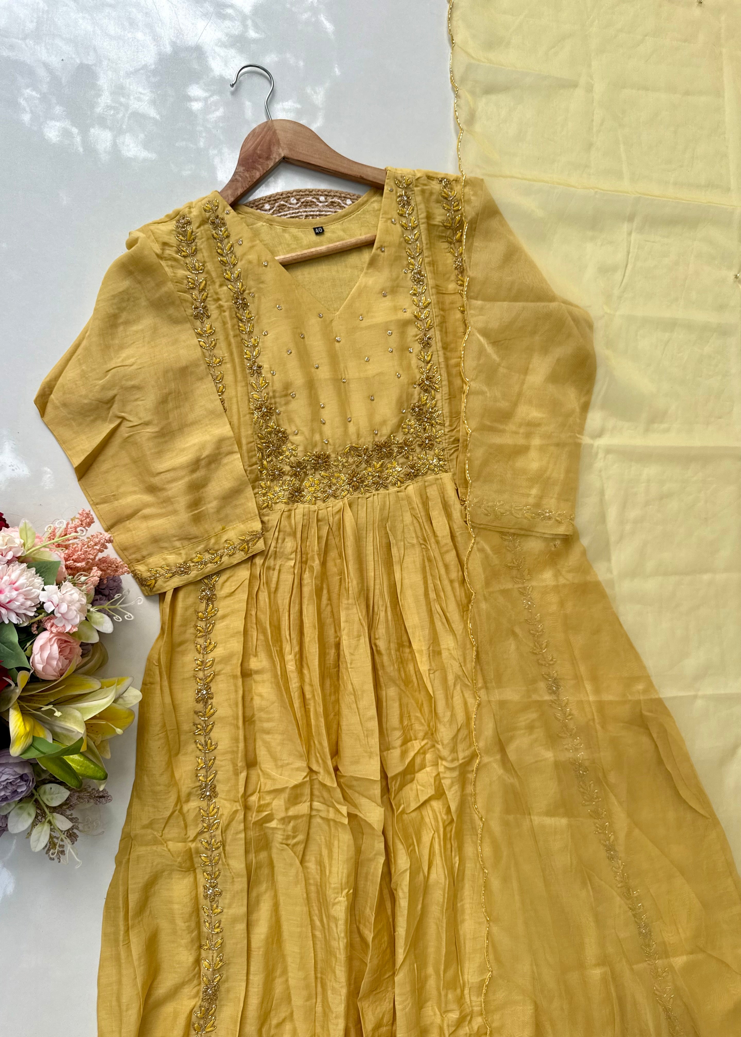 “Ayza” Golden yellow premium Mul Chanderi Anarkali  kurta set 🛍️