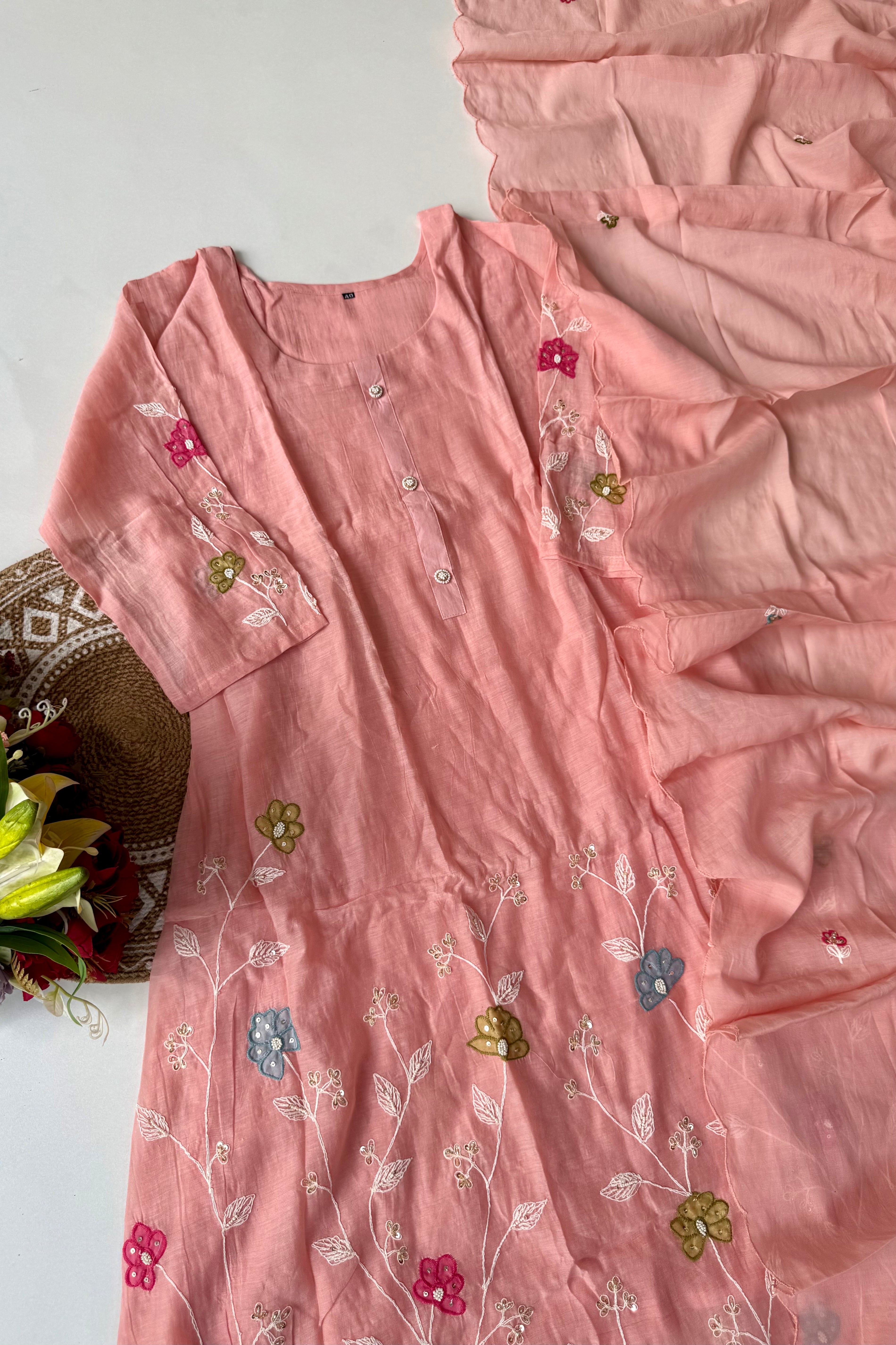 “Wow” Mul Chanderi Applique Embroidered A line Kurta Set