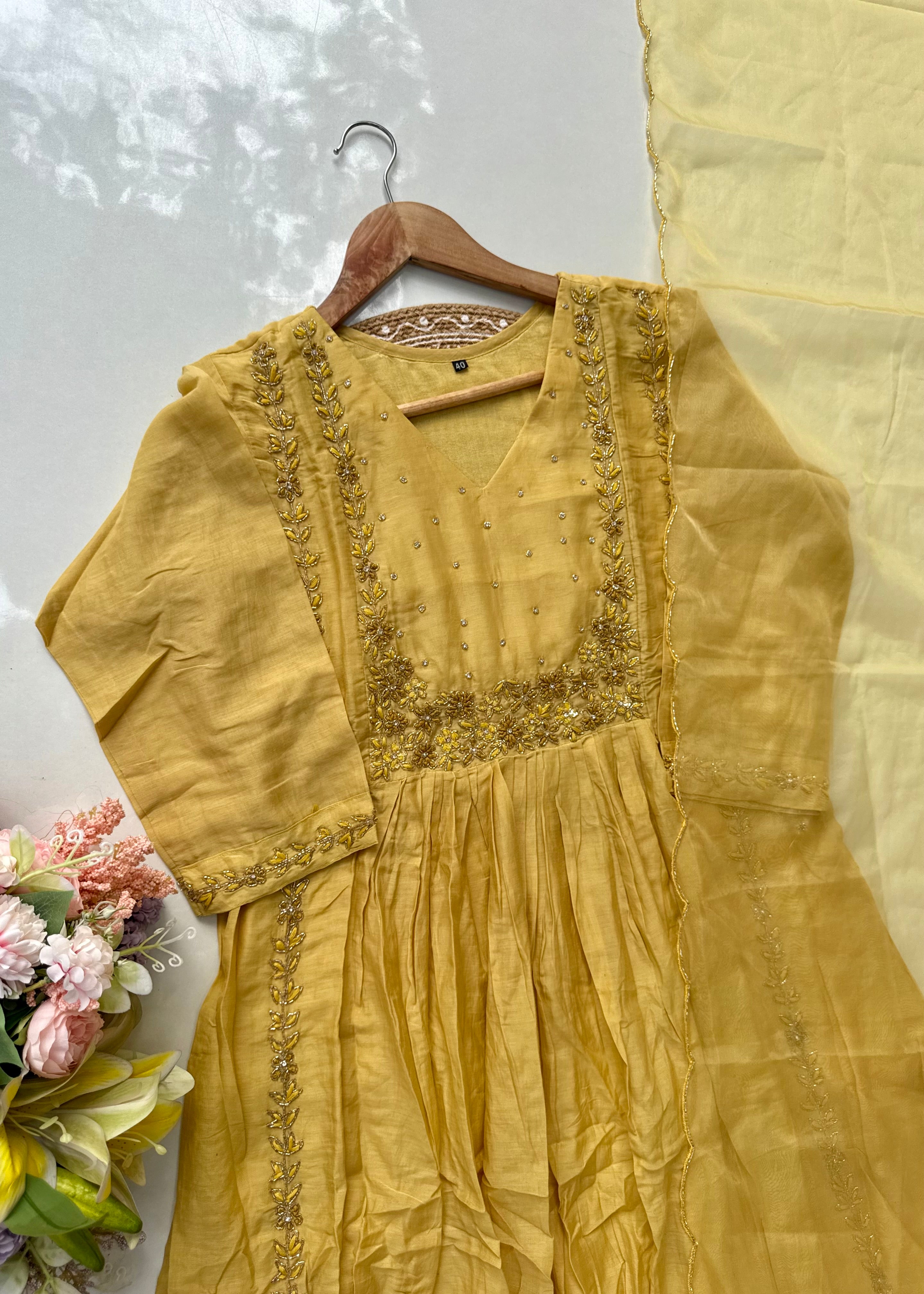 “Ayza” Golden yellow premium Mul Chanderi Anarkali  kurta set 🛍️