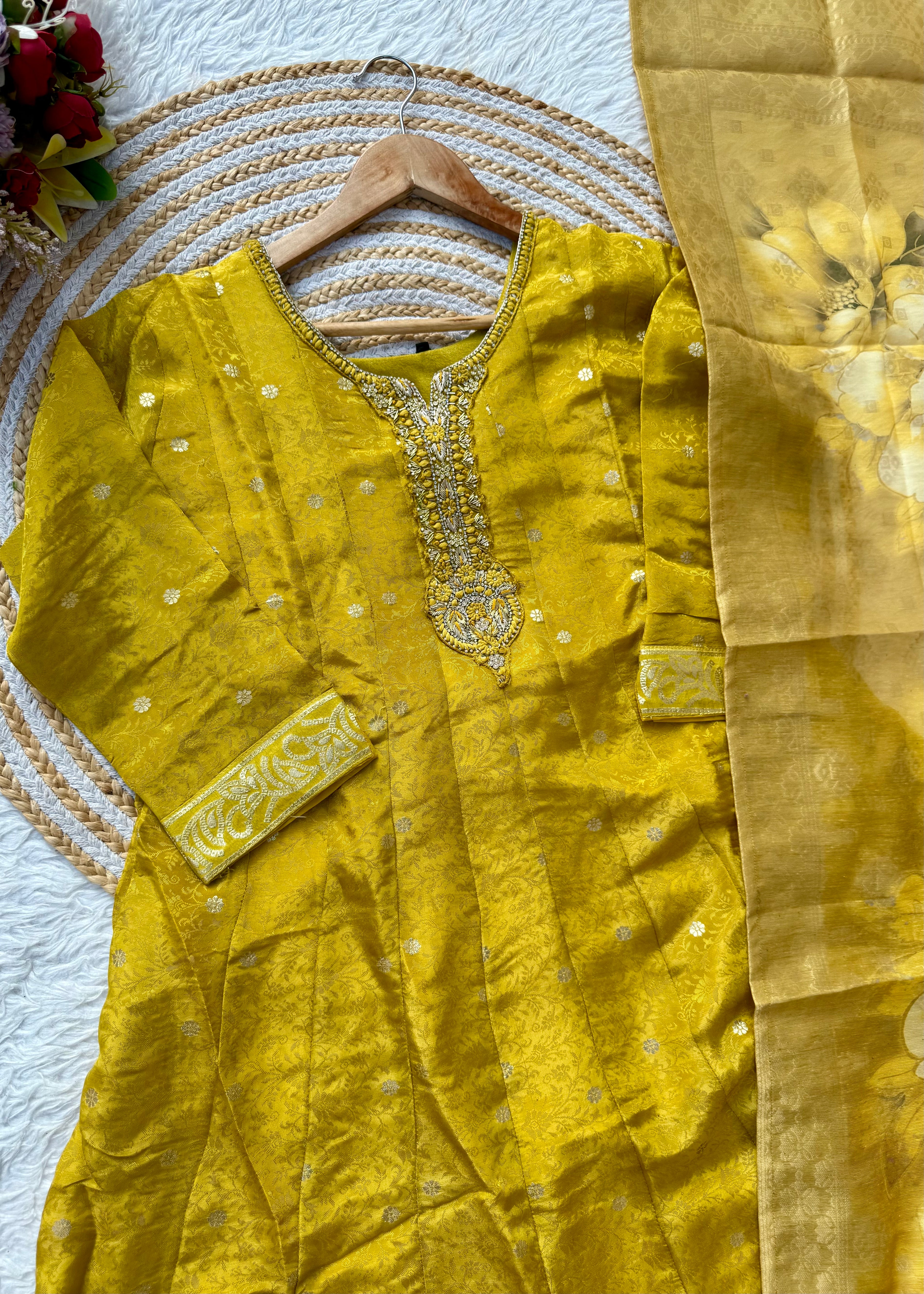 “AMBER” Festive wear handcrafted tissue silk anarkali set