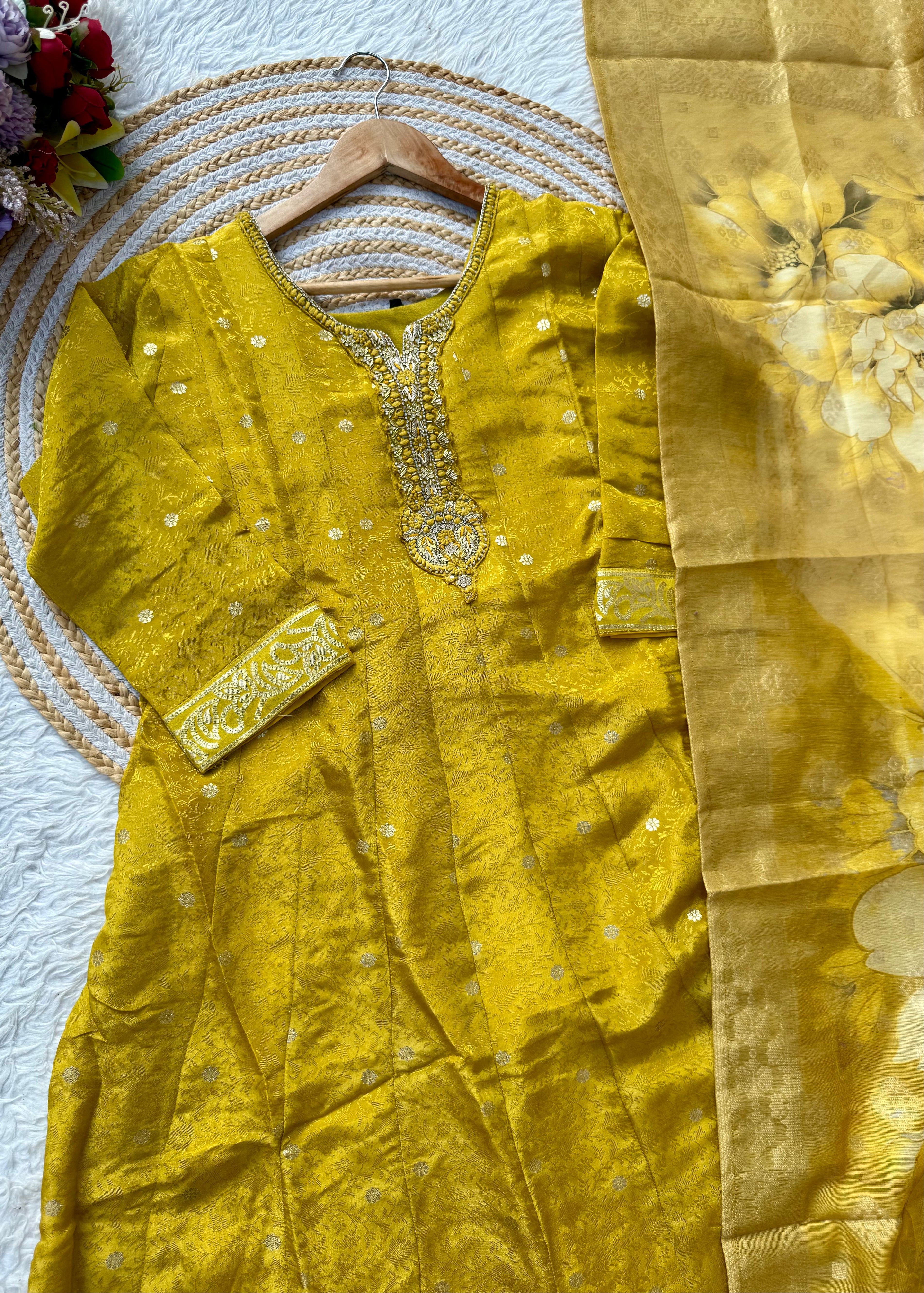 “AMBER” Festive wear handcrafted tissue silk anarkali set