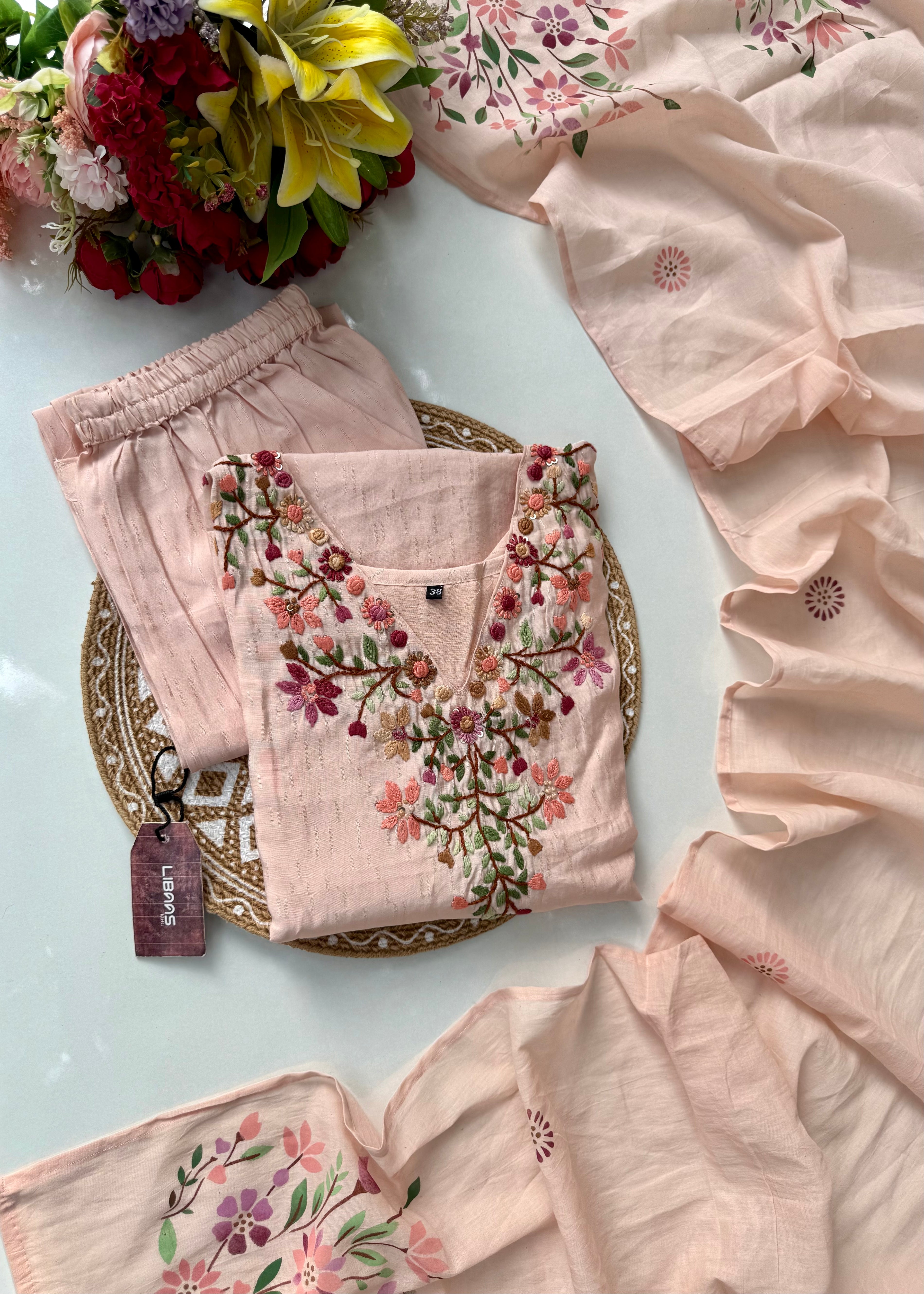 “Valentin” Premium cotton thread work kurti bottom dupatta set