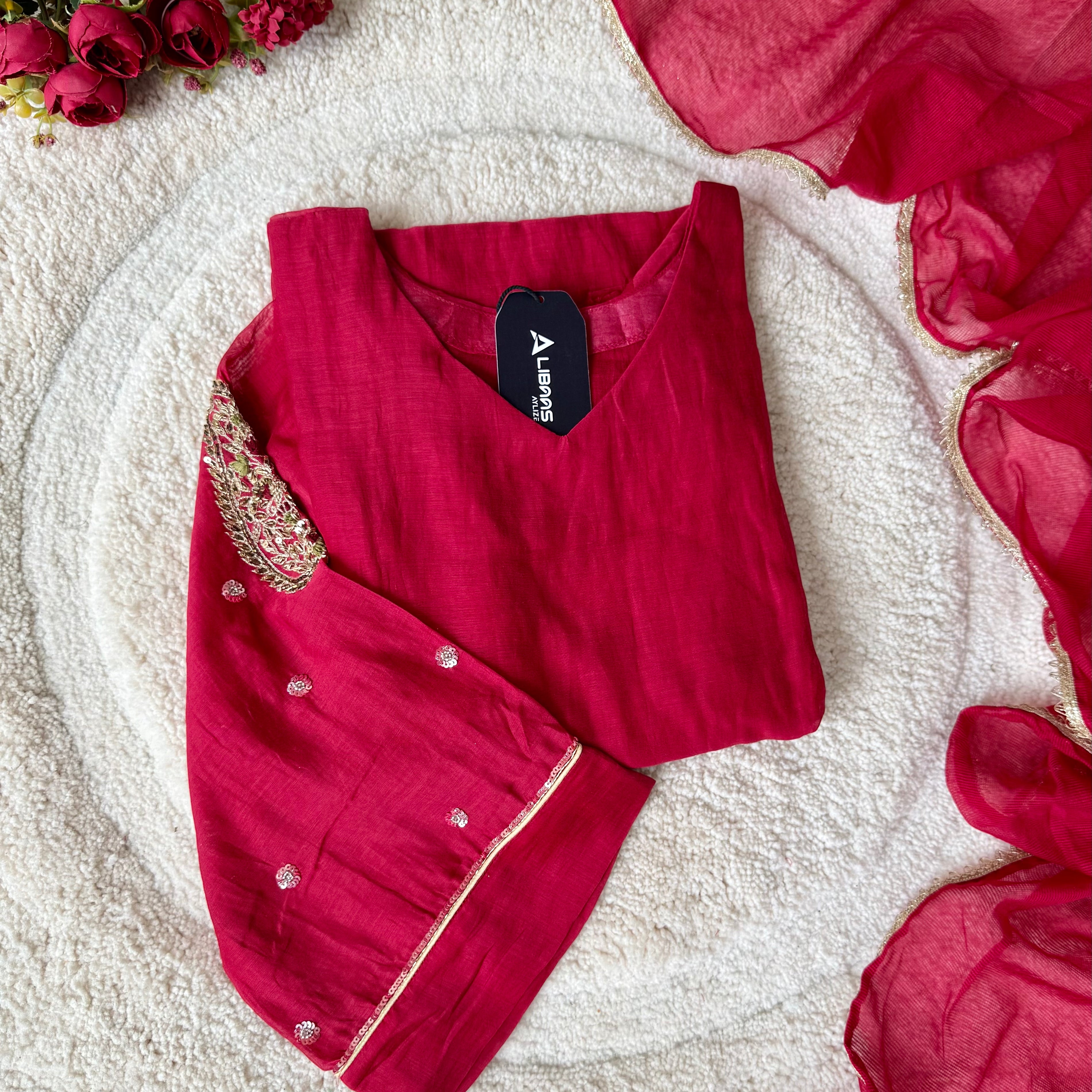 “Navya” Beautiful Red Mul Chanderi A line Anarkali Kurta Set
