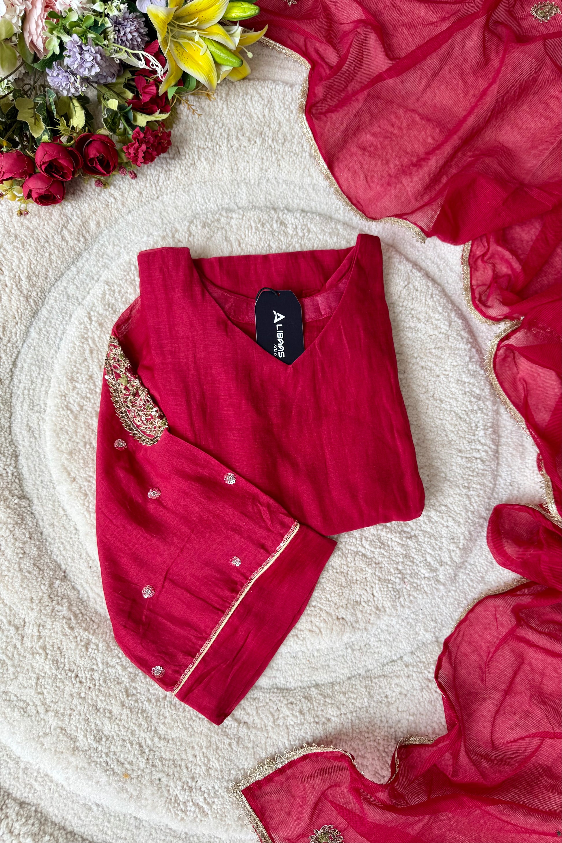 “Navya” Beautiful Red Mul Chanderi A line Anarkali Kurta Set