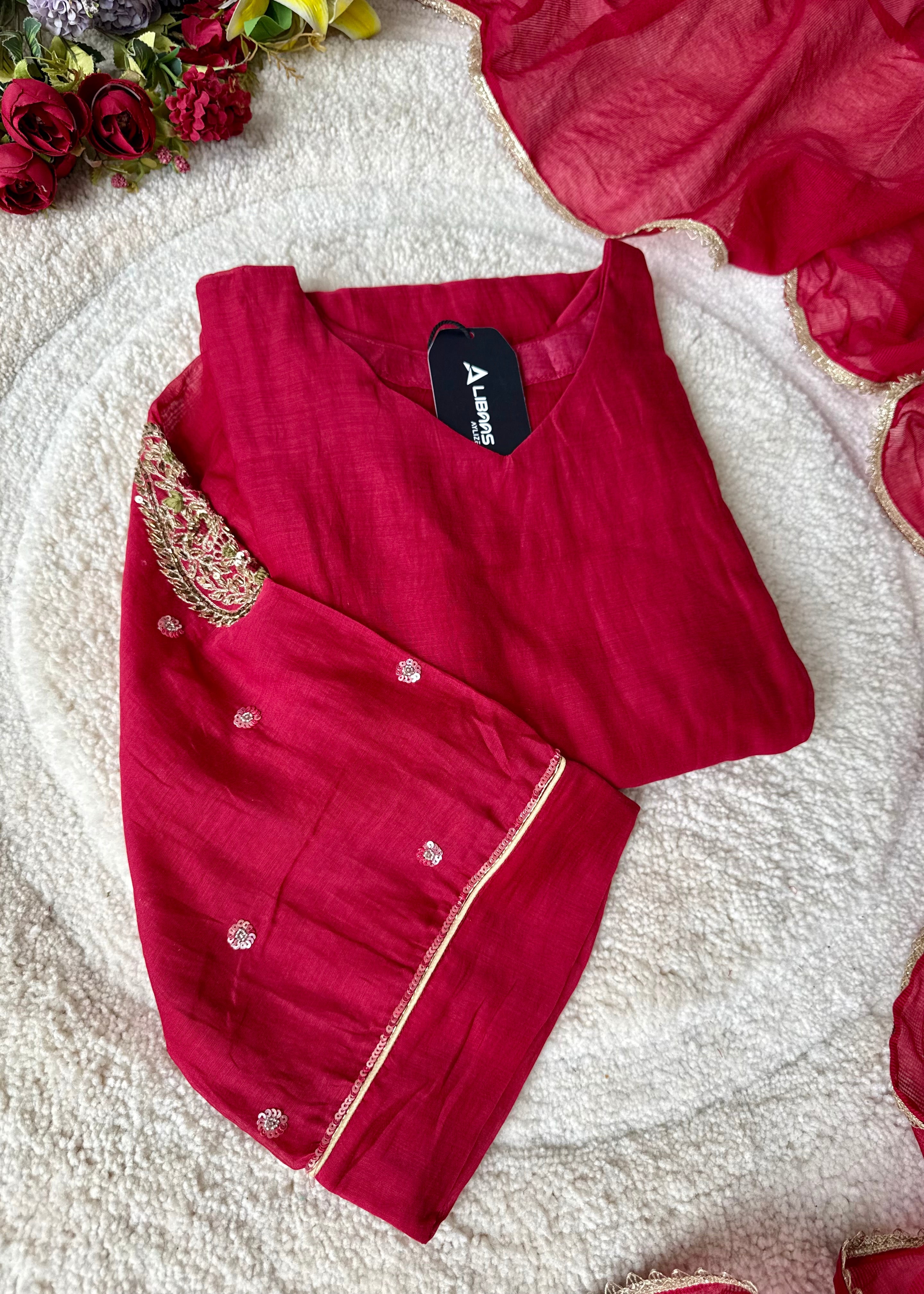 “Navya” Beautiful Red Mul Chanderi A line Anarkali Kurta Set