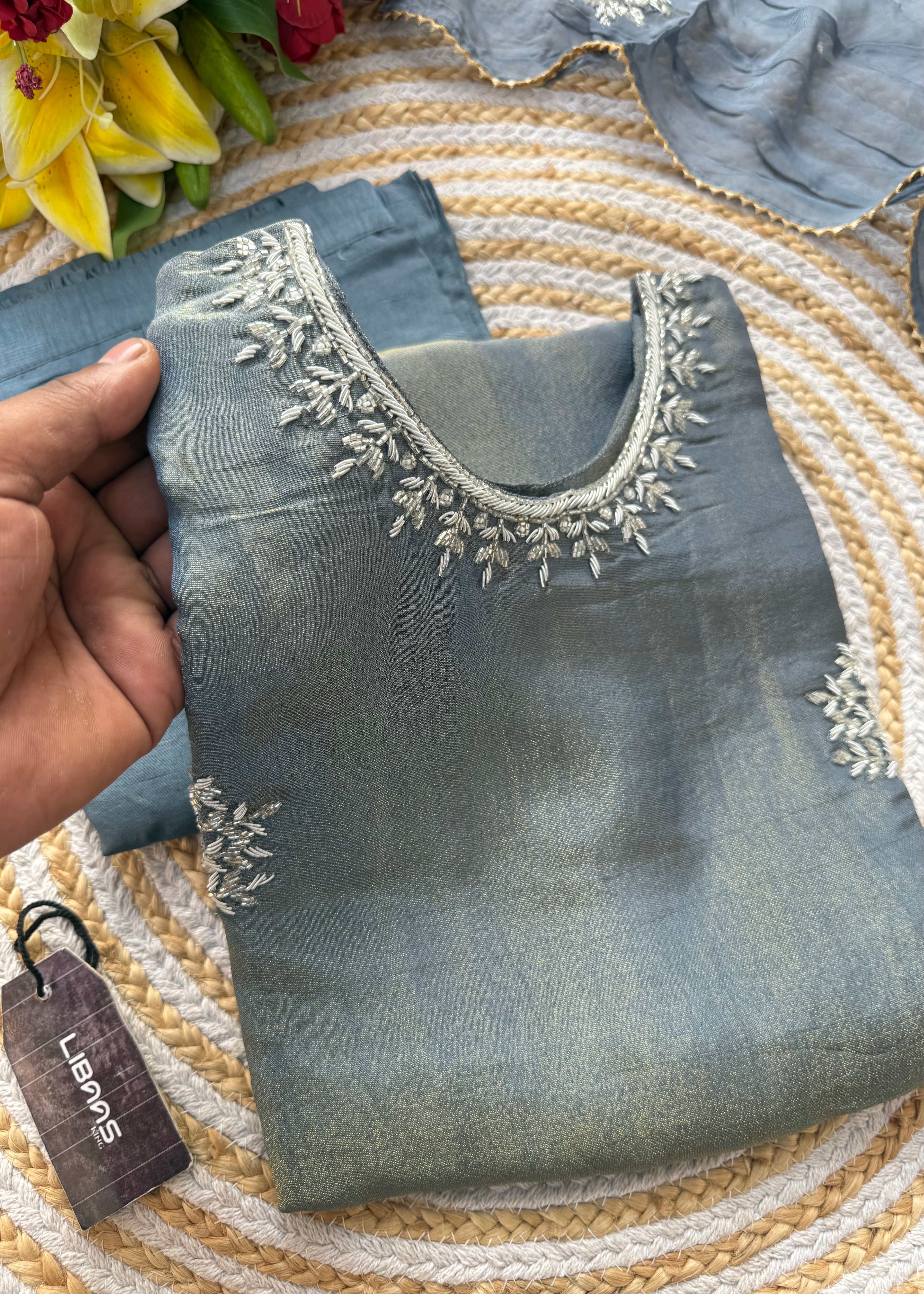 “DEEPALI” Best seller premium Silver Zardozi  tissue silk kurti set