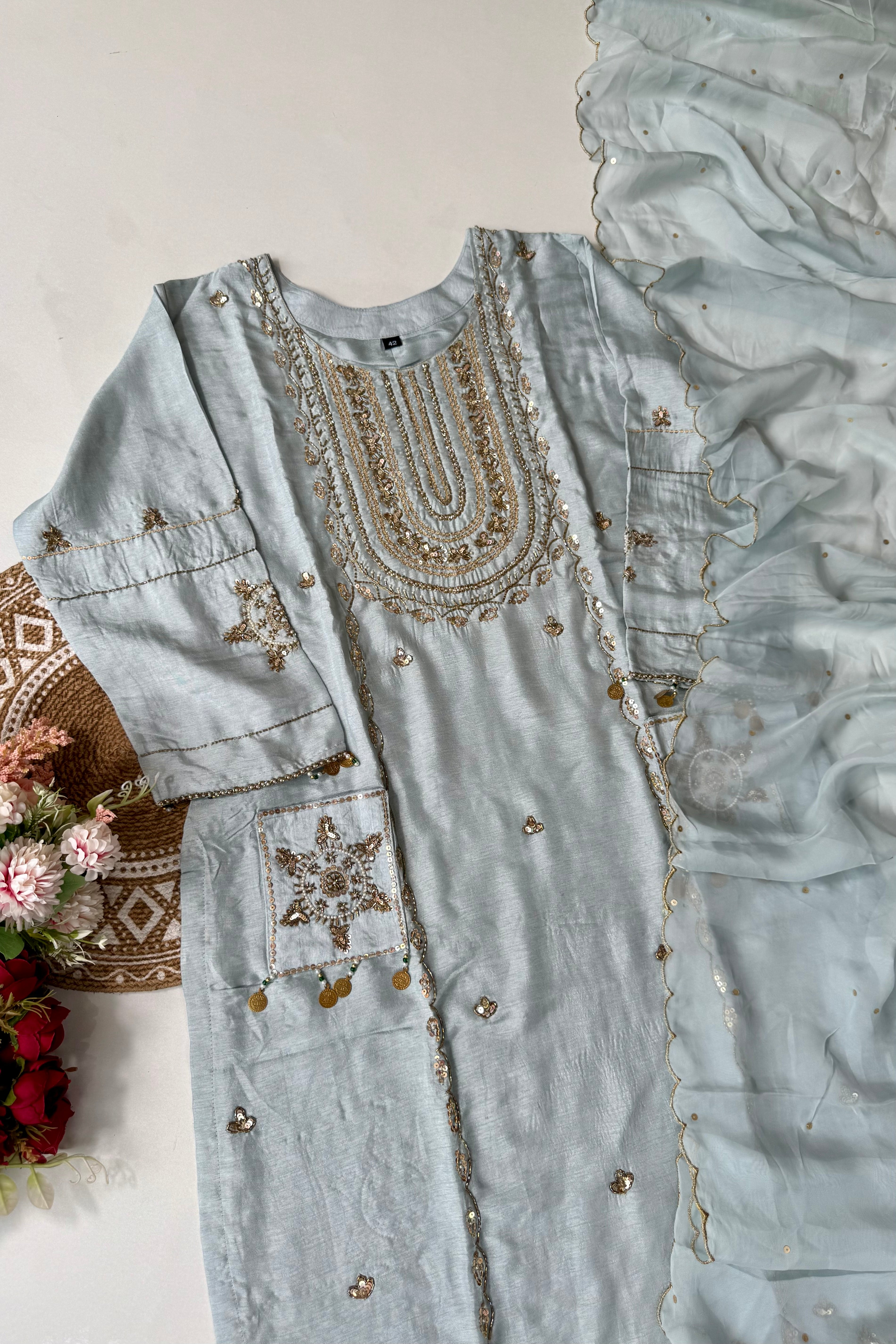 “Aylize” Elegant Dola Silk heavy handwork Kurta Set with Dupatta