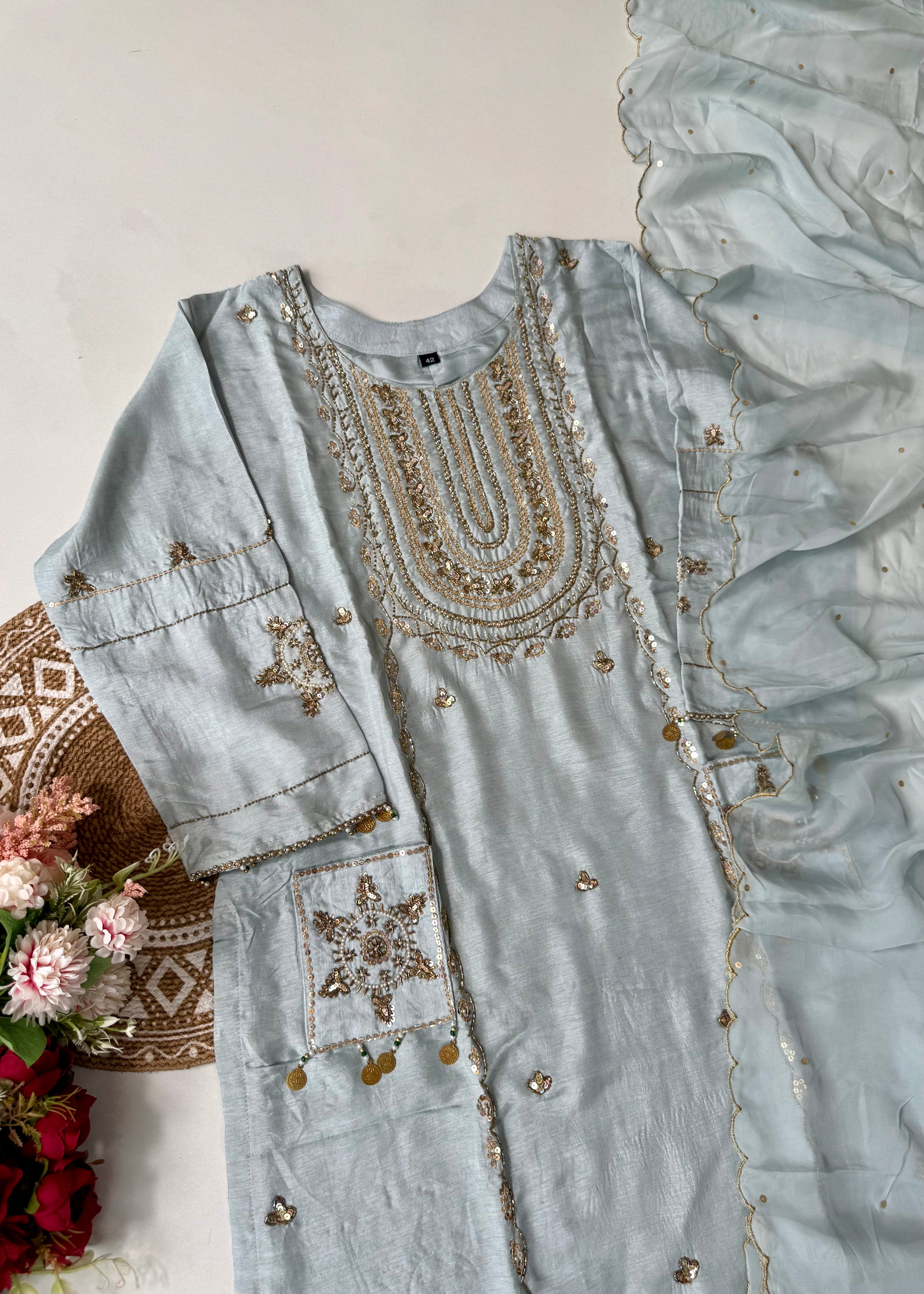 “Aylize” Elegant Dola Silk heavy handwork Kurta Set with Dupatta