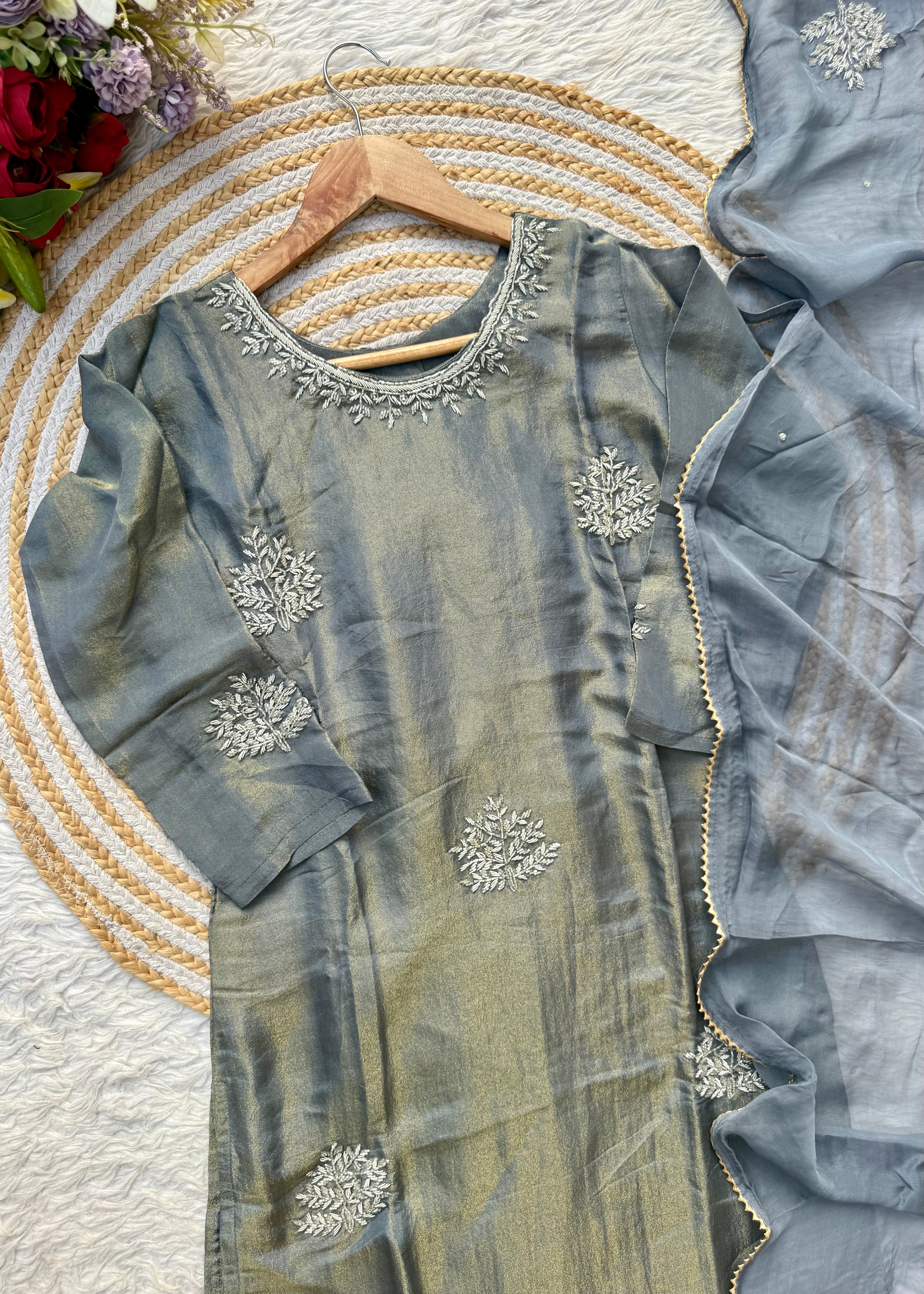 “DEEPALI” Best seller premium Silver Zardozi  tissue silk kurti set