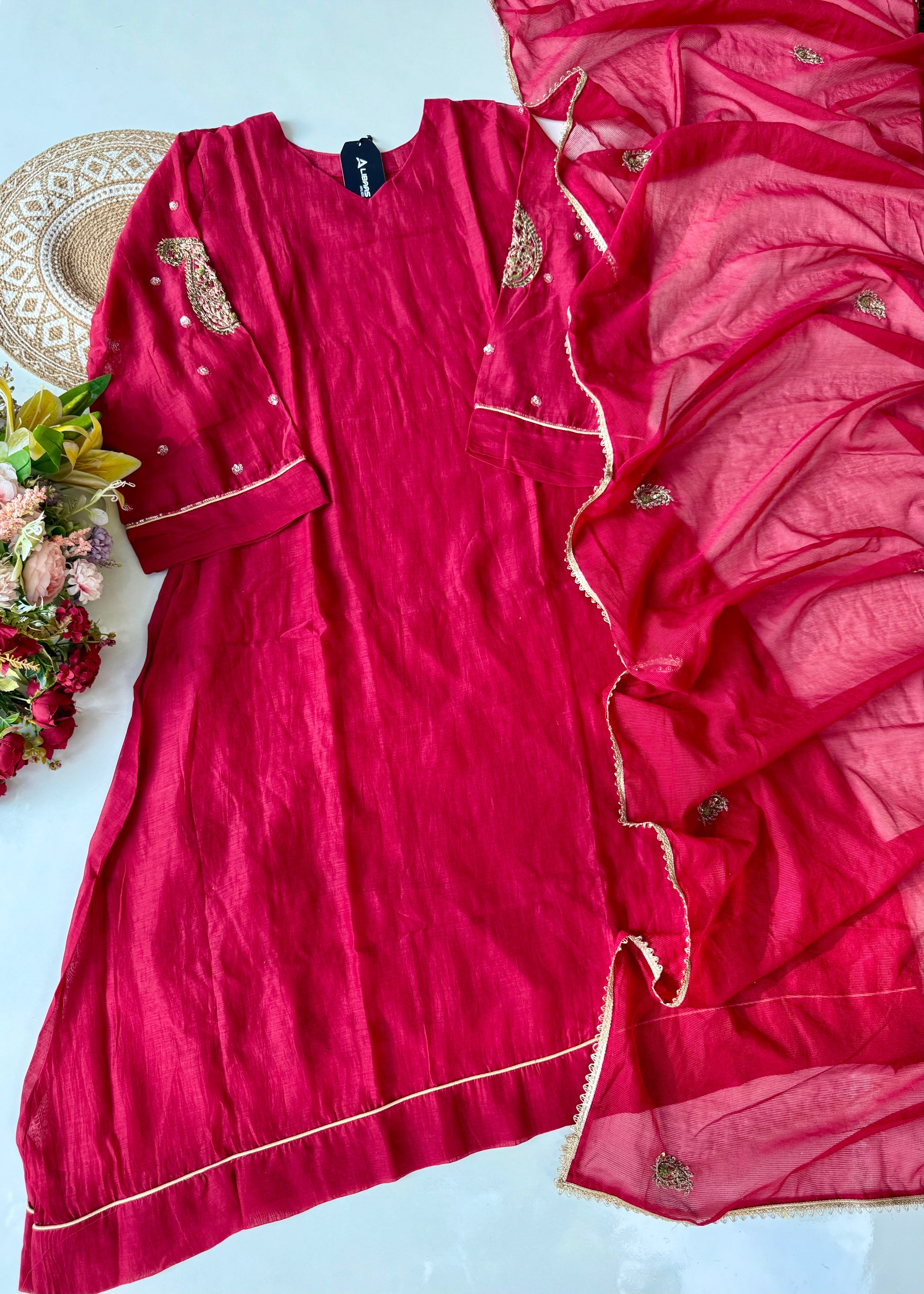 “Navya” Beautiful Red Mul Chanderi A line Anarkali Kurta Set