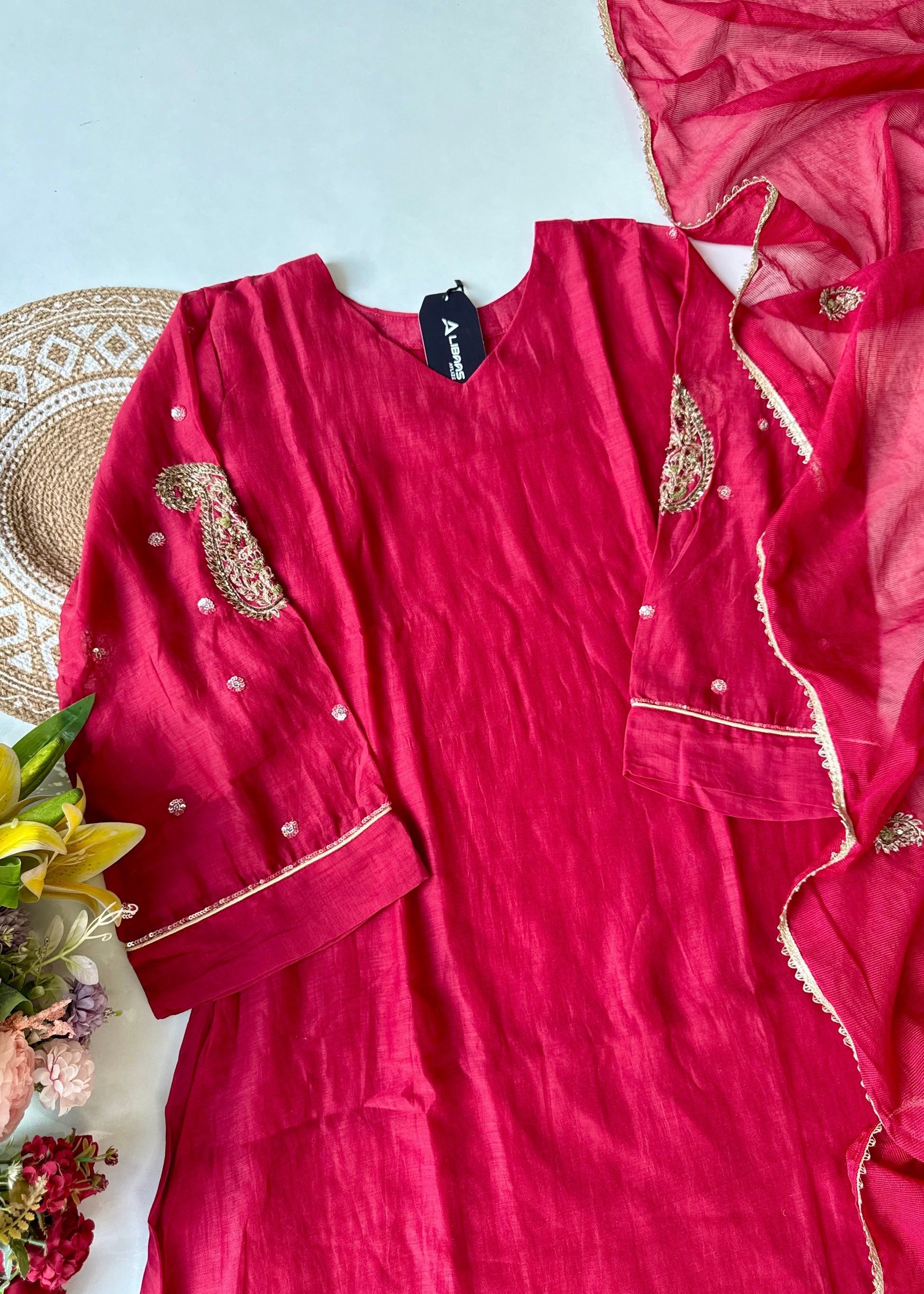 “Navya” Beautiful Red Mul Chanderi A line Anarkali Kurta Set