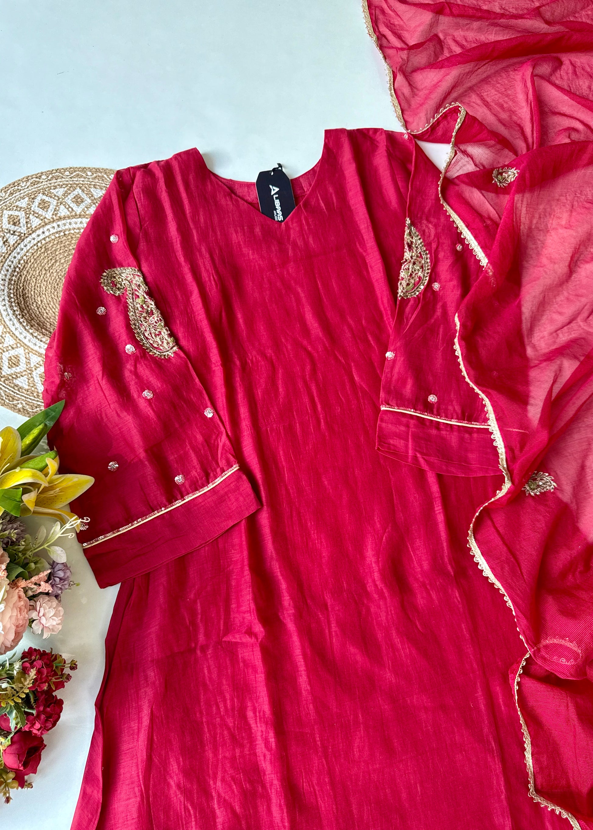 “Navya” Beautiful Red Mul Chanderi A line Anarkali Kurta Set