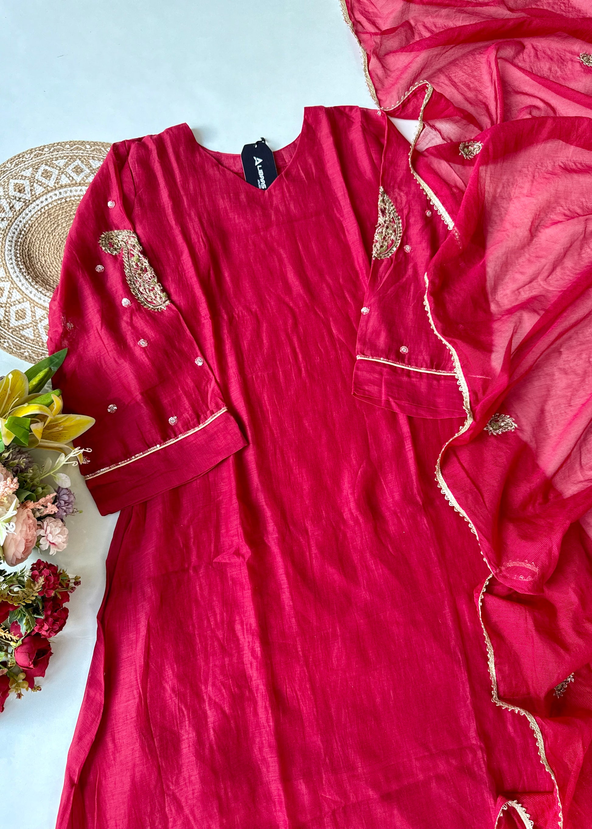 “Navya” Beautiful Red Mul Chanderi A line Anarkali Kurta Set