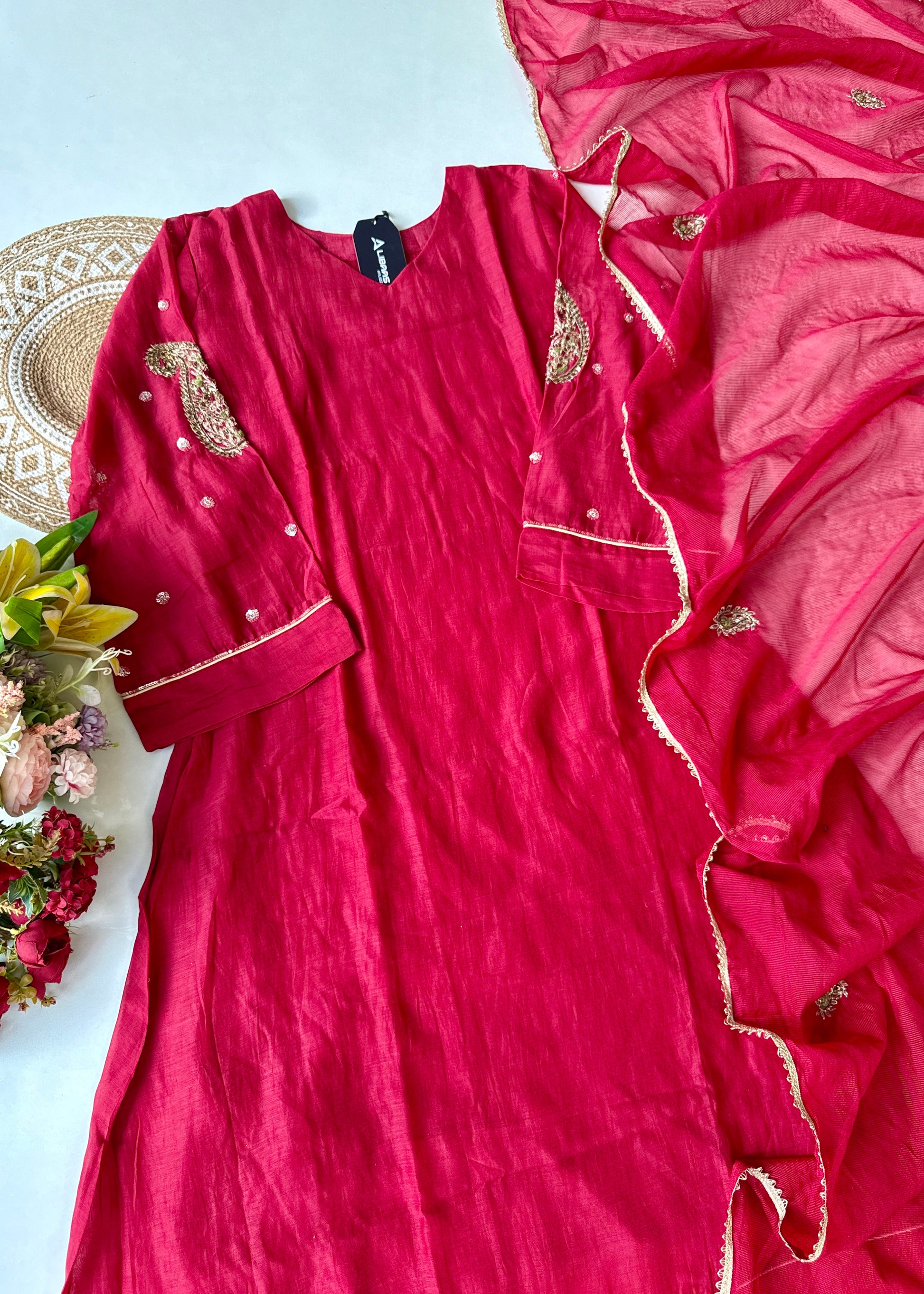 “Navya” Beautiful Red Mul Chanderi A line Anarkali Kurta Set