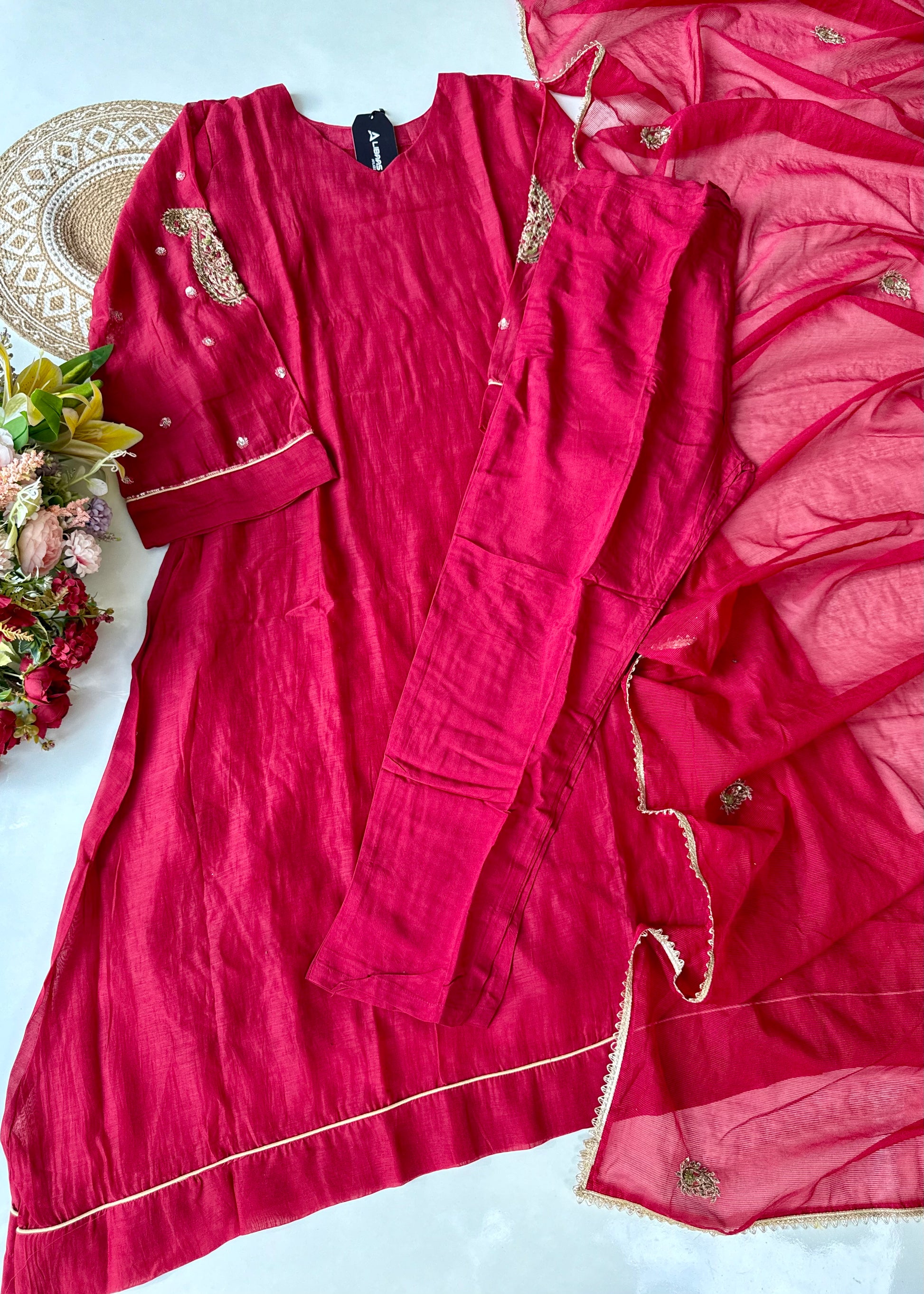 “Navya” Beautiful Red Mul Chanderi A line Anarkali Kurta Set