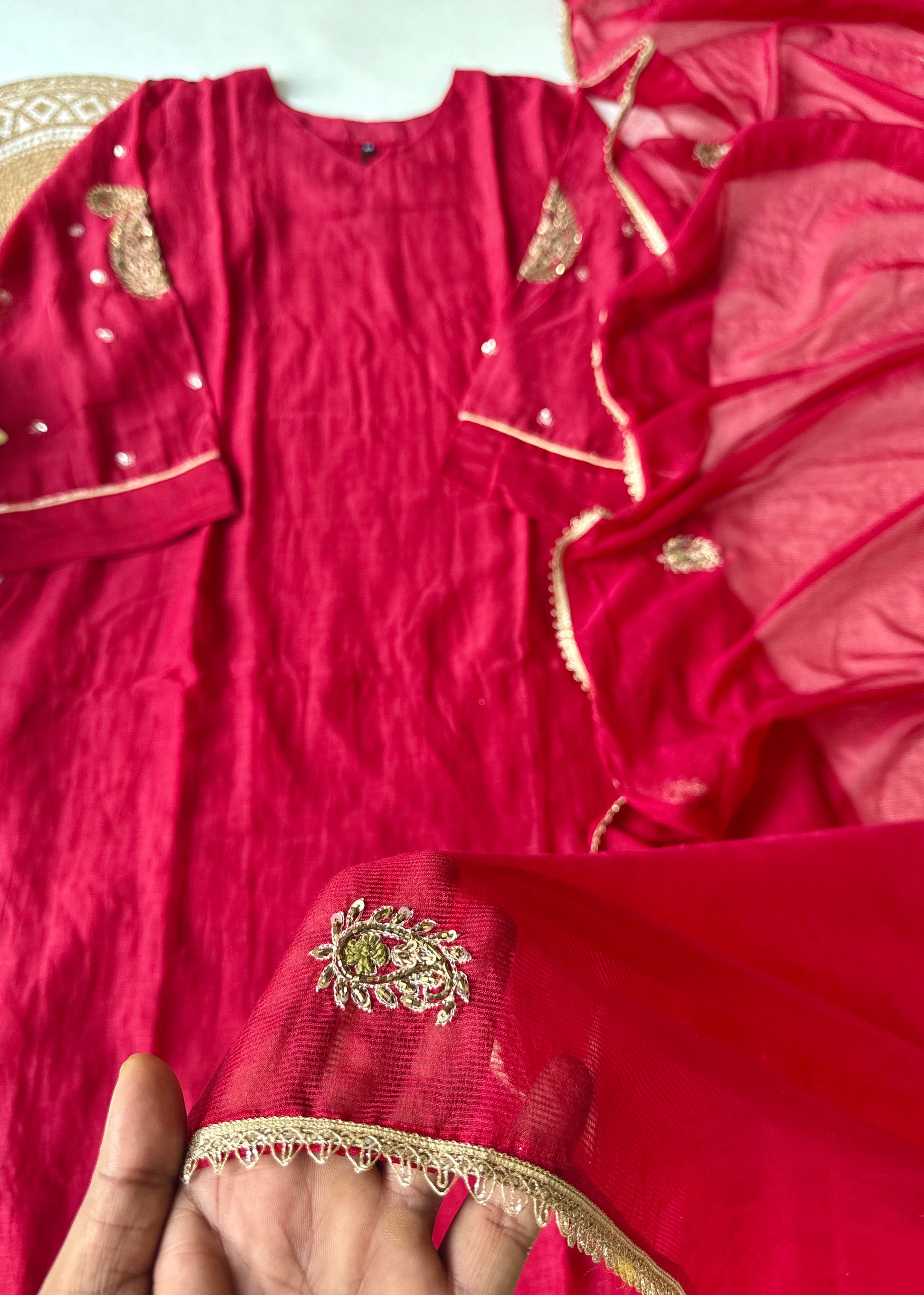 “Navya” Beautiful Red Mul Chanderi A line Anarkali Kurta Set