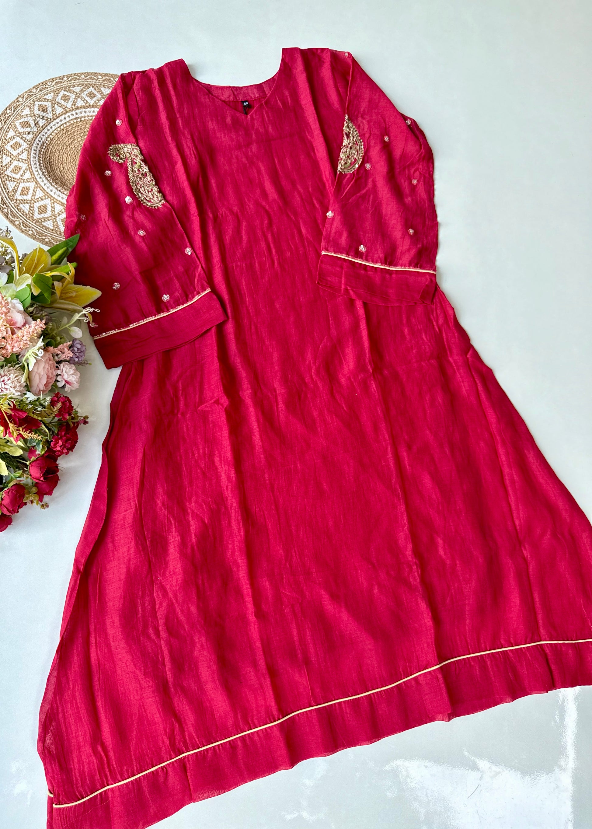 “Navya” Beautiful Red Mul Chanderi A line Anarkali Kurta Set