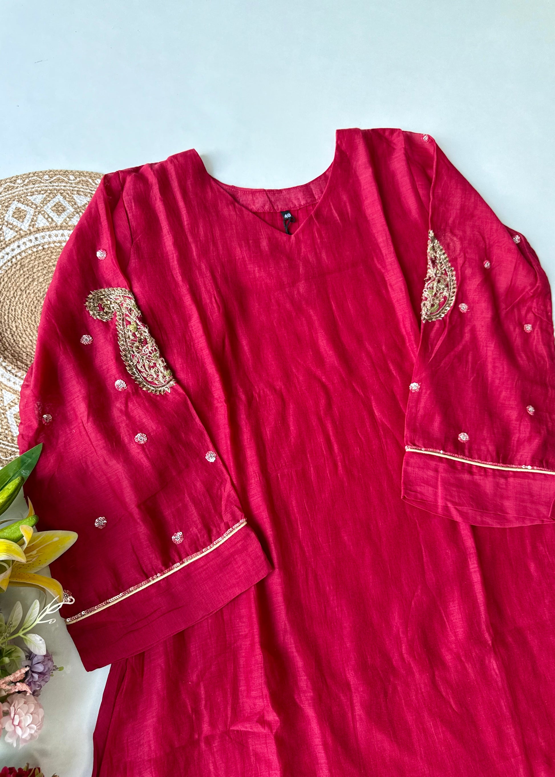“Navya” Beautiful Red Mul Chanderi A line Anarkali Kurta Set